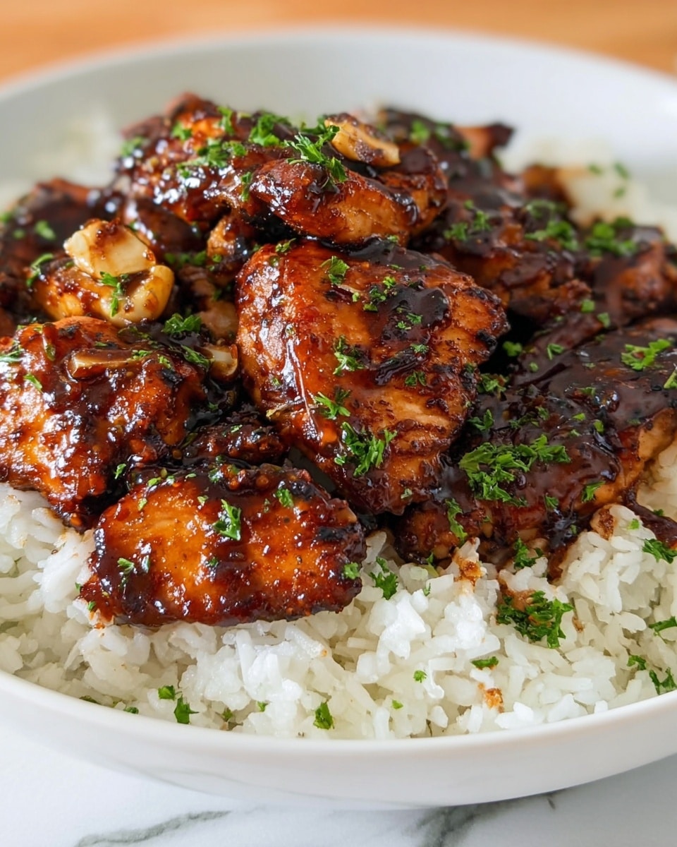 The dish shows several pieces of grilled chicken coated in a dark, glossy sauce piled on top of a bed of fluffy white rice. The chicken pieces are golden brown with caramelized edges and small green herb sprinkles for garnish. There are also some browned garlic slices mixed in with the chicken, adding texture and color contrast. All of this is served in a white bowl, placed on a white marbled surface. photo taken with an iphone --ar 4:5 --v 7