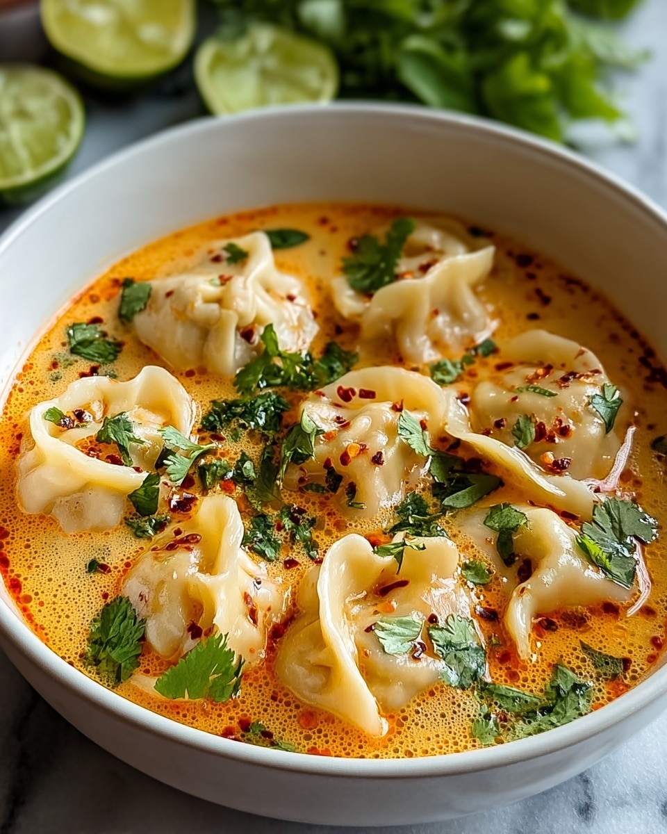 A white bowl filled with about eight light beige dumplings floating in a creamy orange broth, speckled with tiny red chili flakes. Fresh green cilantro leaves are scattered on top and around the dumplings, adding a pop of color. The broth looks smooth and slightly oily, with small bubbles giving it texture. In the background, a sliced lime and some herbs are softly visible, all placed on a white marbled surface. photo taken with an iphone --ar 4:5 --v 7
