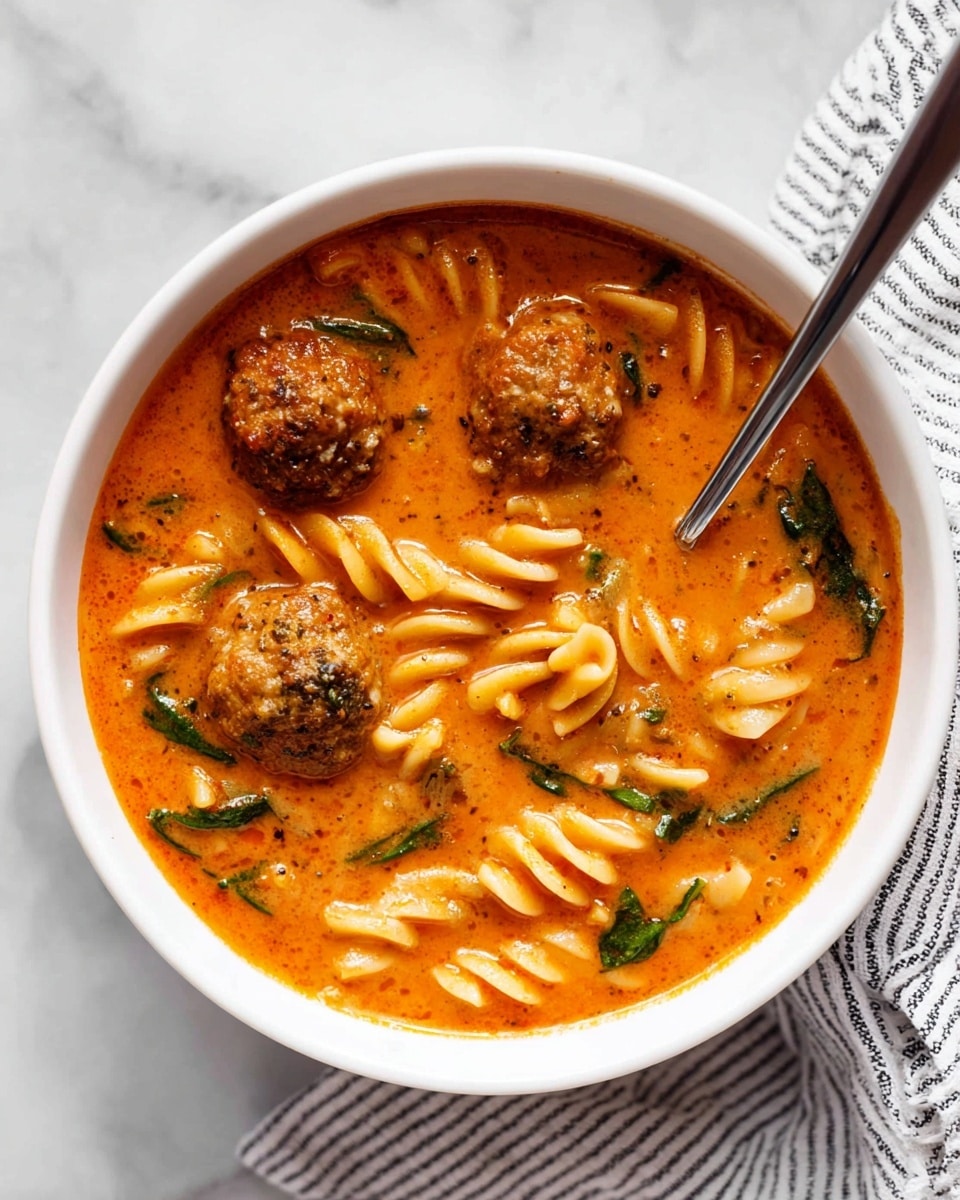 A white bowl filled with a creamy orange-red tomato soup with visible herbs and spices, containing three browned meatballs evenly spaced, and several twisted fusilli pasta pieces immersed in the soup. Small bits of green leafy spinach are scattered throughout, adding color contrast. A silver spoon rests inside the bowl, partially submerged in the soup on the right side. The bowl sits on a white marbled textured surface with a white and black striped cloth partially visible underneath. photo taken with an iphone --ar 4:5 --v 7