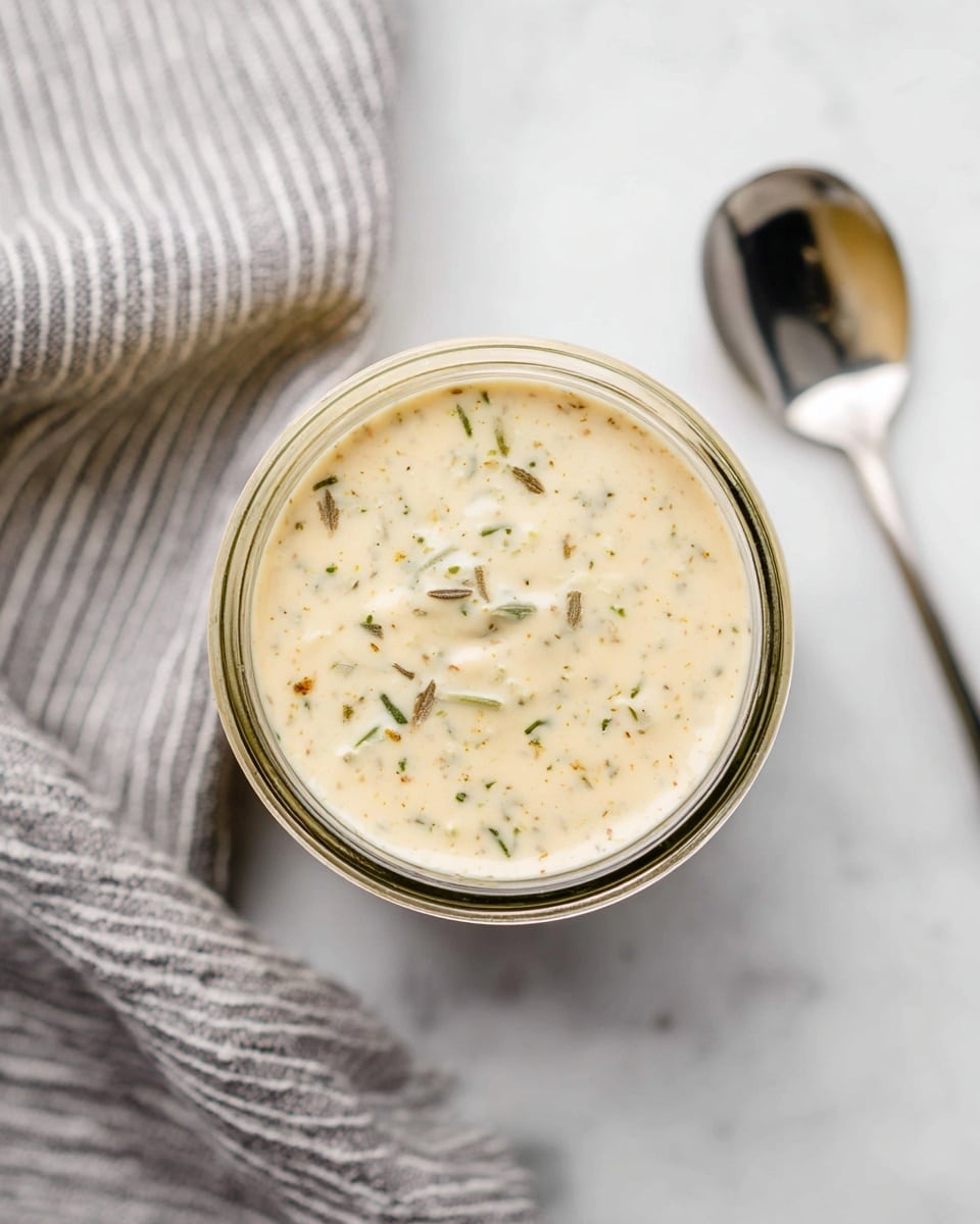 A top view of a clear glass jar filled with creamy white sauce that has small green and brown herb bits mixed throughout, giving it a speckled look; a silver spoon is dipped into the jar, lifted above the rim, showing the sauce’s smooth, slightly thick texture. The jar sits on a surface with a white marbled texture, and part of a white and gray striped cloth is visible near the jar. Photo taken with an iphone --ar 4:5 --v 7