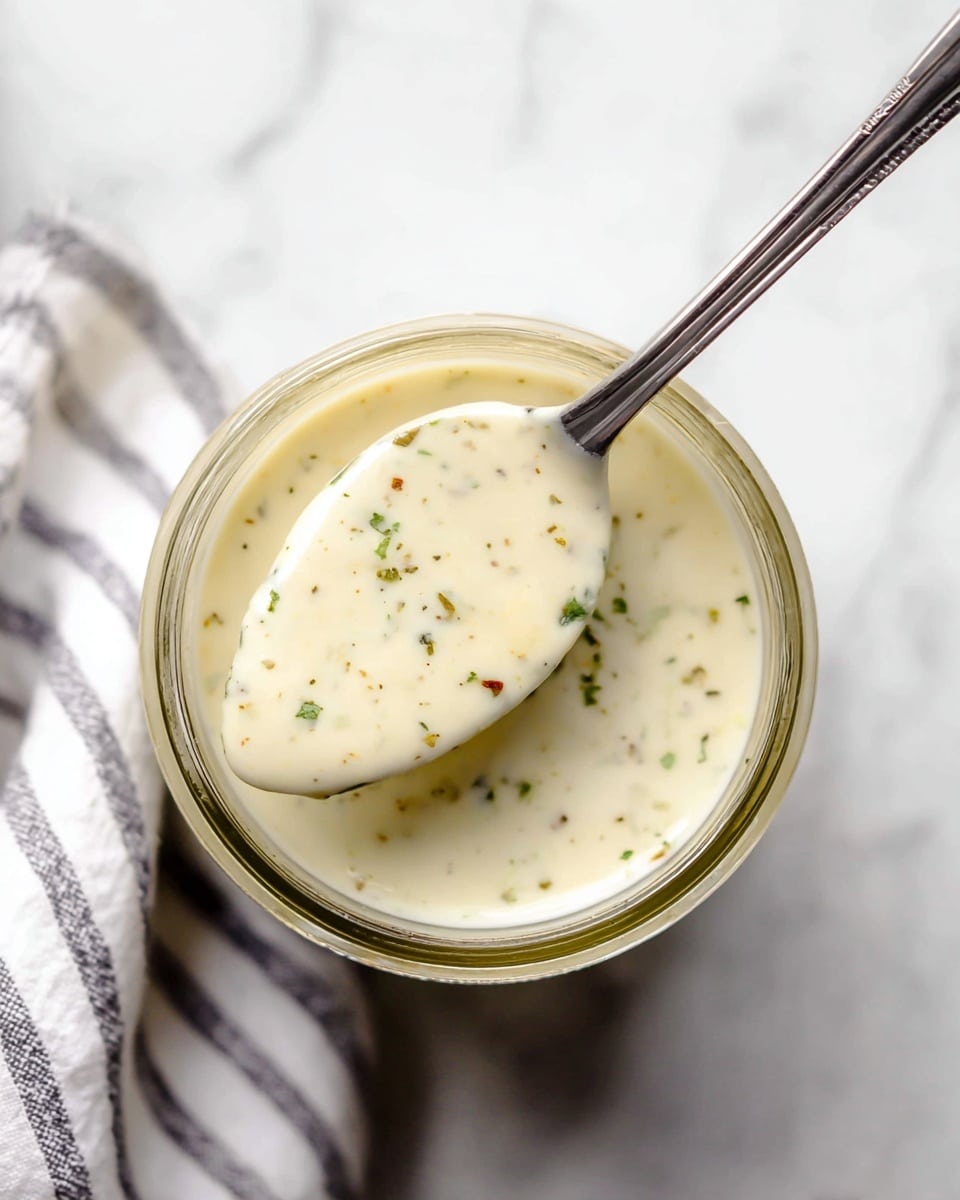 A close-up top view of a clear glass jar filled with a creamy, light beige dressing that has small green and brown herb specks throughout, sitting on a white marbled surface. To the right of the jar is a shiny silver spoon, slightly blurred and lying flat, while a soft, folded gray and white striped cloth is placed to the left side below the jar. The scene is bright and clean, highlighting the smooth texture of the dressing inside the jar. photo taken with an iphone --ar 4:5 --v 7