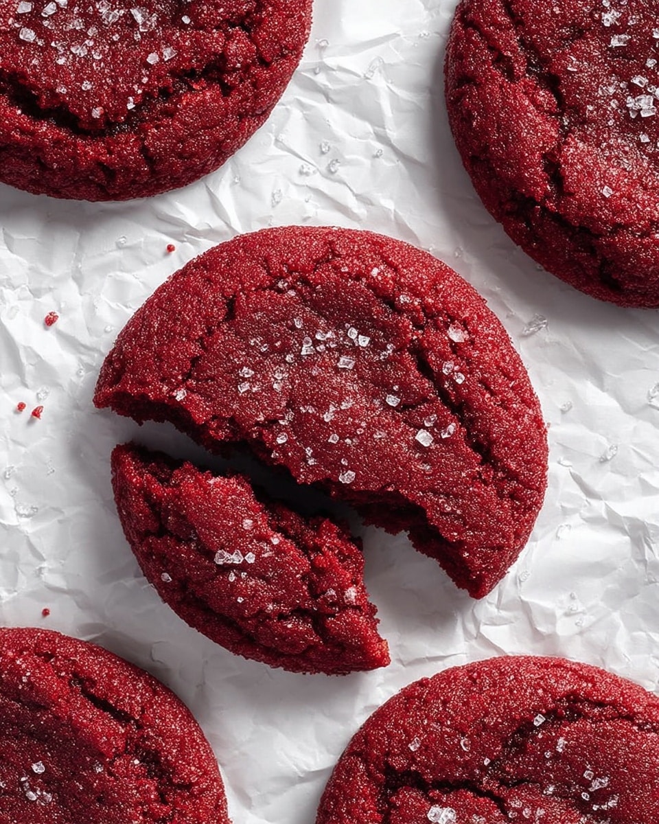 The image shows several deep red cookies with a soft, slightly cracked texture, lying on crinkled white parchment paper over a white marbled surface. Each cookie is sprinkled with large, clear sugar crystals that catch the light. One cookie in the center has a bite taken out of it, showing a moist and tender inside while the rest remain whole and round. The overall look is rich and inviting, with the contrast between the red cookies and the white background making the colors stand out. photo taken with an iphone --ar 4:5 --v 7