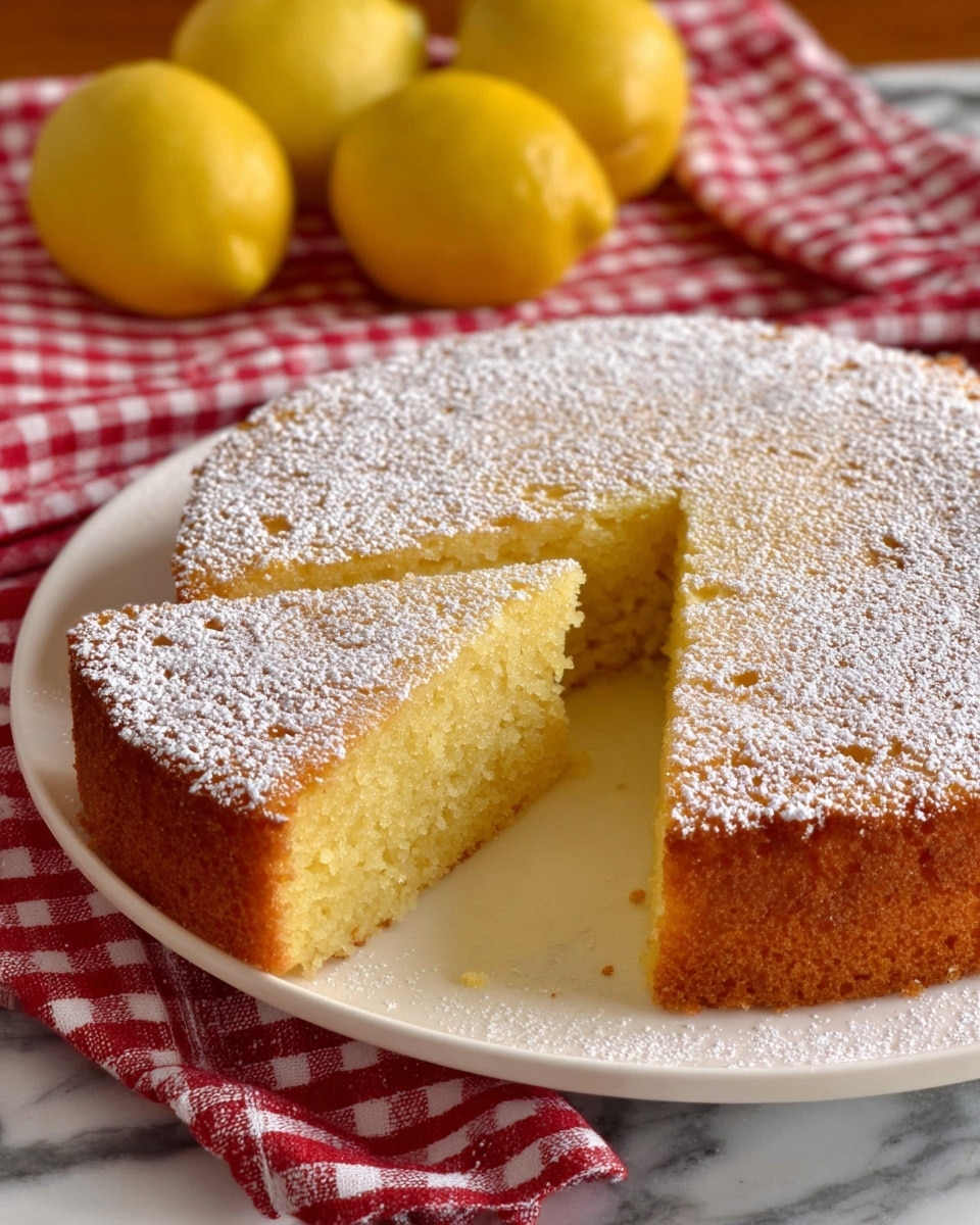 A round, single-layer lemon cake with a lightly golden-brown crust is placed on a white plate; the surface is dusted evenly with white powdered sugar, and a triangular slice is cut and slightly pulled out to reveal a moist, dense yellow interior with a soft texture. In the background, bright yellow lemons sit on a red and white checkered cloth that rests on a white marbled surface, adding a fresh and rustic touch to the scene. photo taken with an iphone --ar 4:5 --v 7