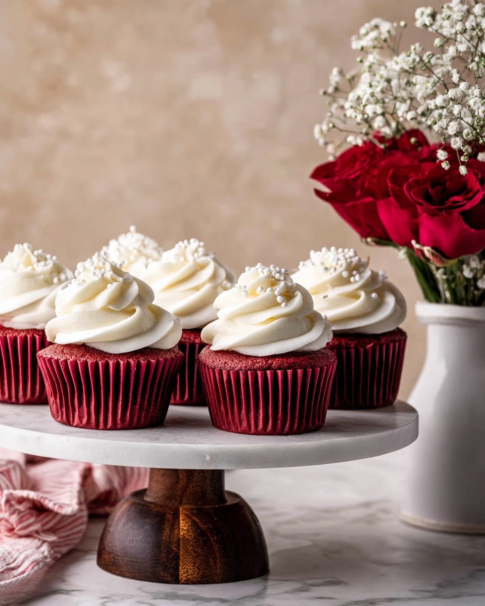 A group of six red velvet cupcakes is placed on a white marble cake stand with a dark wooden base. Each cupcake has a deep red base with fine ridged texture from the cupcake liners. On top of every cupcake sits a tall swirl of creamy white frosting with smooth, fluffy peaks. Small white round sprinkles decorate the frosting. To the right of the cake stand, there is a white vase holding vibrant red roses and tiny white flowers, all set on a white marbled surface with a beige textured wall behind. photo taken with an iphone --ar 4:5 --v 7