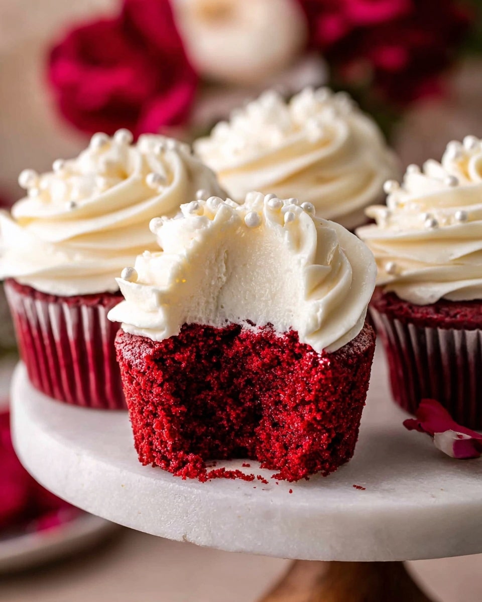 A close-up of several red velvet cupcakes on a round white marble cake stand with a wooden base, each cupcake wrapped in a red liner. The cupcakes have two layers: the bottom is a rich, deep red soft cake textured with small moist crumbs, and the top is a thick swirl of smooth, creamy white frosting decorated with small pearl-like white sprinkles. One cupcake in the front is bitten, clearly showing the moist interior of the red cake and the fluffy, dense thickness of the frosting on top. In the background and to the side, there are out-of-focus red and white flowers adding a soft, warm touch. photo taken with an iphone --ar 4:5 --v 7