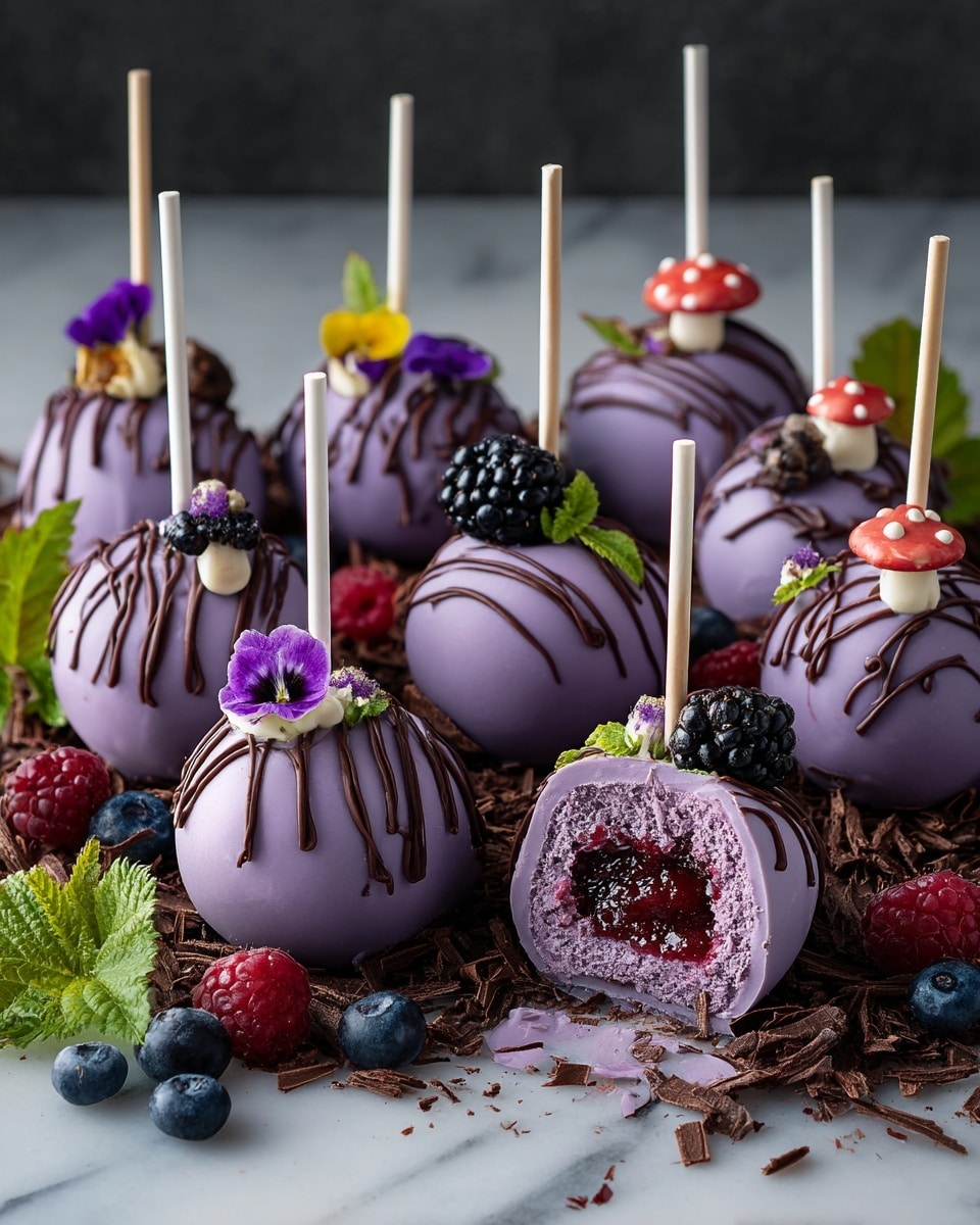 The image shows eight round purple cake pops arranged on a bed of dark chocolate shavings over a white marbled surface. Each cake pop has two layers: a smooth light purple outer layer with thin dark chocolate drizzle lines on top, and a hollow inside filled with bright red berry jam. The cake pops have white sticks inserted at the top, except one with a pale wooden stick lying sideways, showing the inside. Four of the cake pops are decorated with small blackberries and tiny purple or yellow edible flowers, while three others have small red and white mushroom decorations with green leaf shapes. Scattered around the cake pops are blackberries, blueberries, red berries, autumn leaves, and fresh green herb leaves. The colors contrast with the dark chocolate bed and the white marbled surface. photo taken with an iphone --ar 4:5 --v 7
