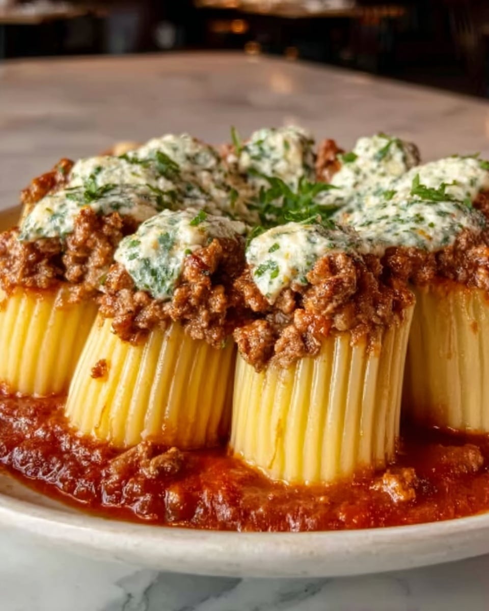 The dish shows thick pasta tubes standing upright in a circle on a white plate, each tube filled with a chunky brown meat sauce. The pasta and meat layer sit on a spread of deep red tomato sauce that covers the plate’s base. On top of the meat filling is a creamy white sauce mixed with green herbs, giving a speckled green and white texture that drips slightly over the pasta edges. The background is a white marbled surface with warm lighting that highlights the textures and colors of the dish. photo taken with an iphone --ar 4:5 --v 7