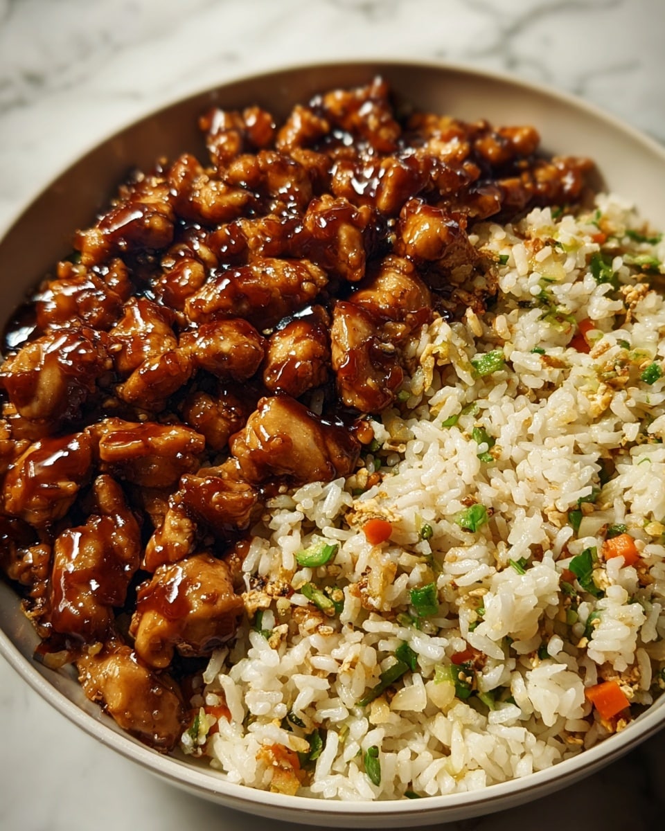 The dish shows two layers in a bowl: the bottom layer is fried rice with white grains mixed with small pieces of orange carrots and green vegetables, giving it a colorful and slightly textured look; the top layer is bite-sized pieces of cooked chicken covered in a shiny, dark brown sauce, adding a glossy and rich texture that contrasts with the rice below. The bowl is white, and the background is a white marbled texture. photo taken with an iphone --ar 4:5 --v 7