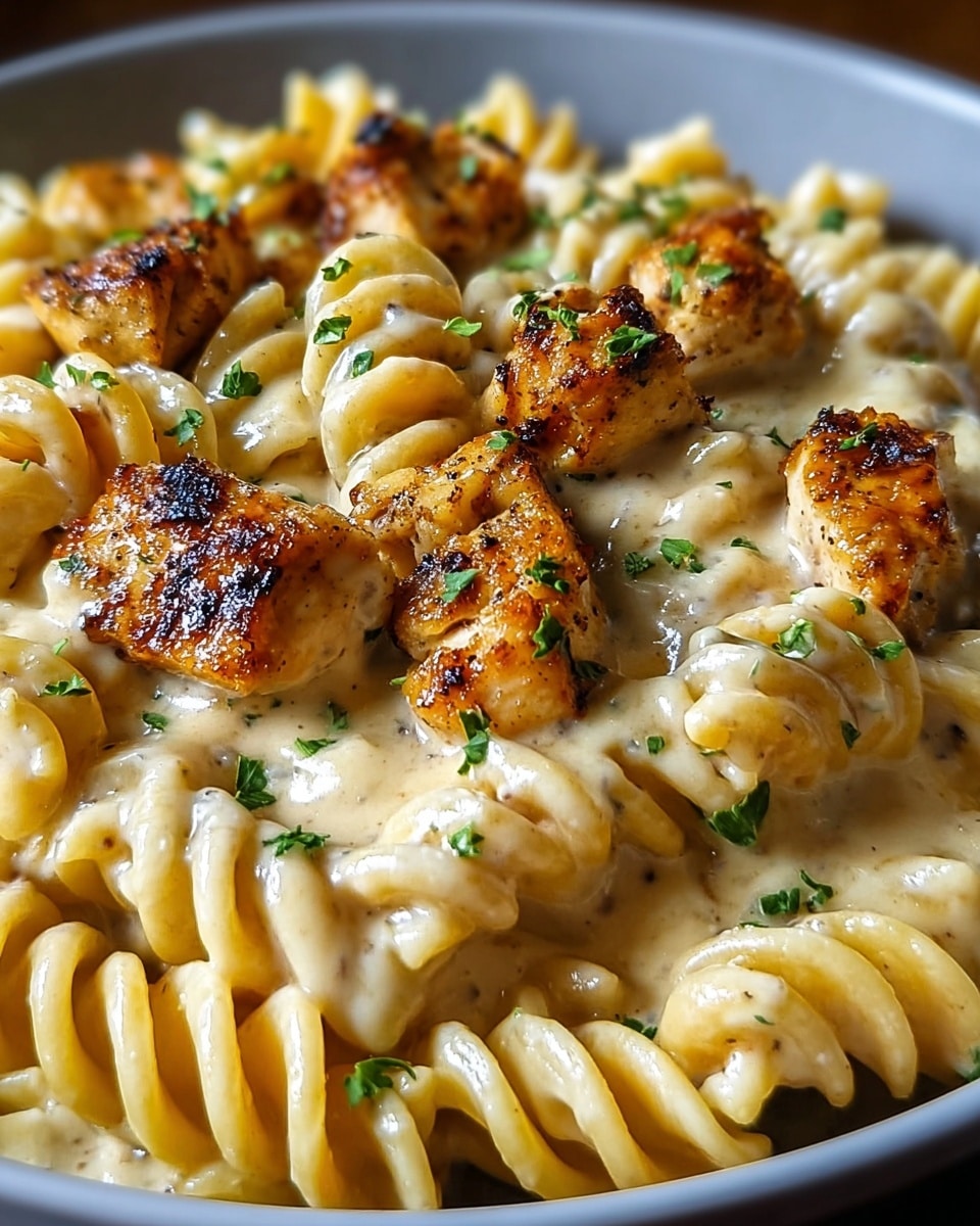 This image shows a close-up of a creamy pasta dish served in a white bowl. The bottom layer is made of spiral pasta coated thickly with smooth, light beige sauce. Scattered on top are pieces of golden brown grilled chicken, each with a slightly charred surface and juicy texture. The dish is garnished with small, bright green parsley leaves that add a fresh touch. The background is a white marbled texture, and the overall look is warm and inviting. photo taken with an iphone --ar 4:5 --v 7