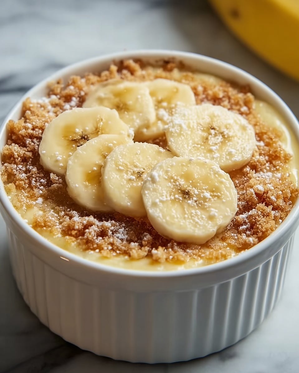 A close-up of a banana dessert in a white ramekin dish, showing three visible layers: the bottom layer is a creamy light yellow custard or pudding, the middle layer is a crumbly golden brown crust with a rough texture, and the top layer features seven evenly spaced banana slices that are pale yellow with a slightly glossy surface. The dessert is sprinkled lightly with icing sugar, and the background is a white marbled texture. Photo taken with an iphone --ar 4:5 --v 7