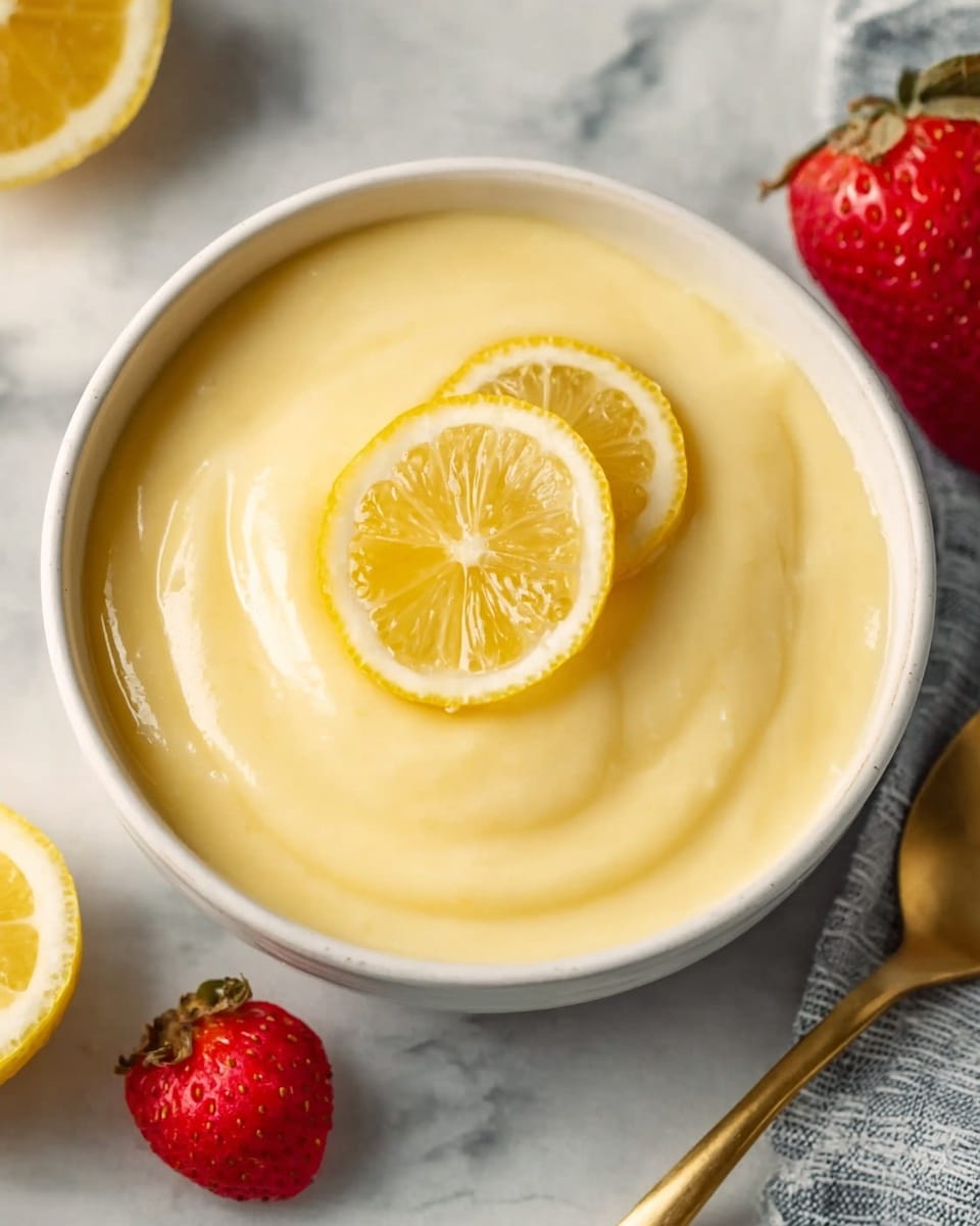 A white bowl filled with smooth, pale yellow lemon curd that looks creamy and shiny, topped with two thin lemon slices placed in the center. The bowl is resting on a white marbled surface, with a whole red strawberry on the right side and a golden spoon near the bottom right corner. The lemon curd shows a slight swirl texture on its surface. Photo taken with an iphone --ar 4:5 --v 7