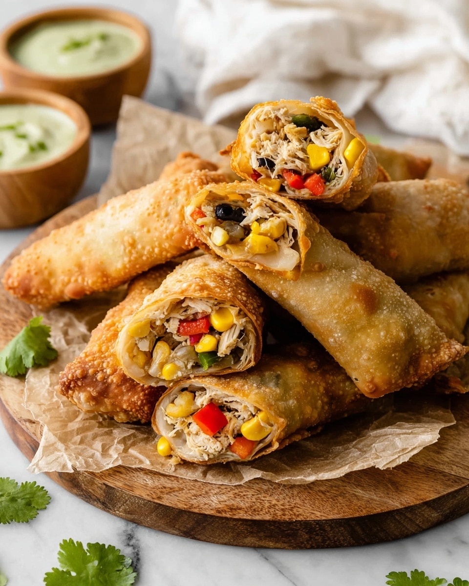 A wooden round board holds a stack of golden brown crispy egg rolls resting on crinkled brown parchment paper. Several egg rolls are cut in half, showing multiple layers inside: a pale, shredded chicken filling mixed with bright yellow corn kernels, small black beans, and diced red and green bell peppers. The outer layer is thin and fried to a crispy, bubbly texture with a light golden color. Fresh green cilantro leaves are scattered around the board. In the background, a white marbled surface partially holds a wooden bowl with a creamy green sauce and a white cloth is soft and folded. photo taken with an iphone --ar 4:5 --v 7