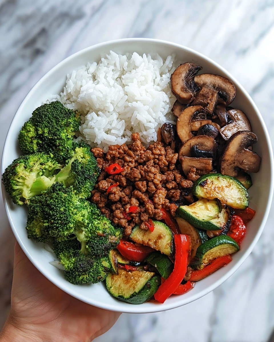 A white bowl holds five different sections of food. On the top left is a fluffy pile of white rice. Below the rice, on the bottom left, there are bright green broccoli florets with a slight char. To the right of the broccoli, in the center, is a mound of cooked ground meat with small bits of red pepper mixed in. Above the meat, on the top right, are sautéed mushroom slices browned and glossy. The bottom right section contains a mix of sautéed vegetables including green zucchini slices, red bell pepper strips, and some hints of broccoli. The bowl is held by a woman's hand against a white marbled texture. photo taken with an iphone --ar 4:5 --v 7
