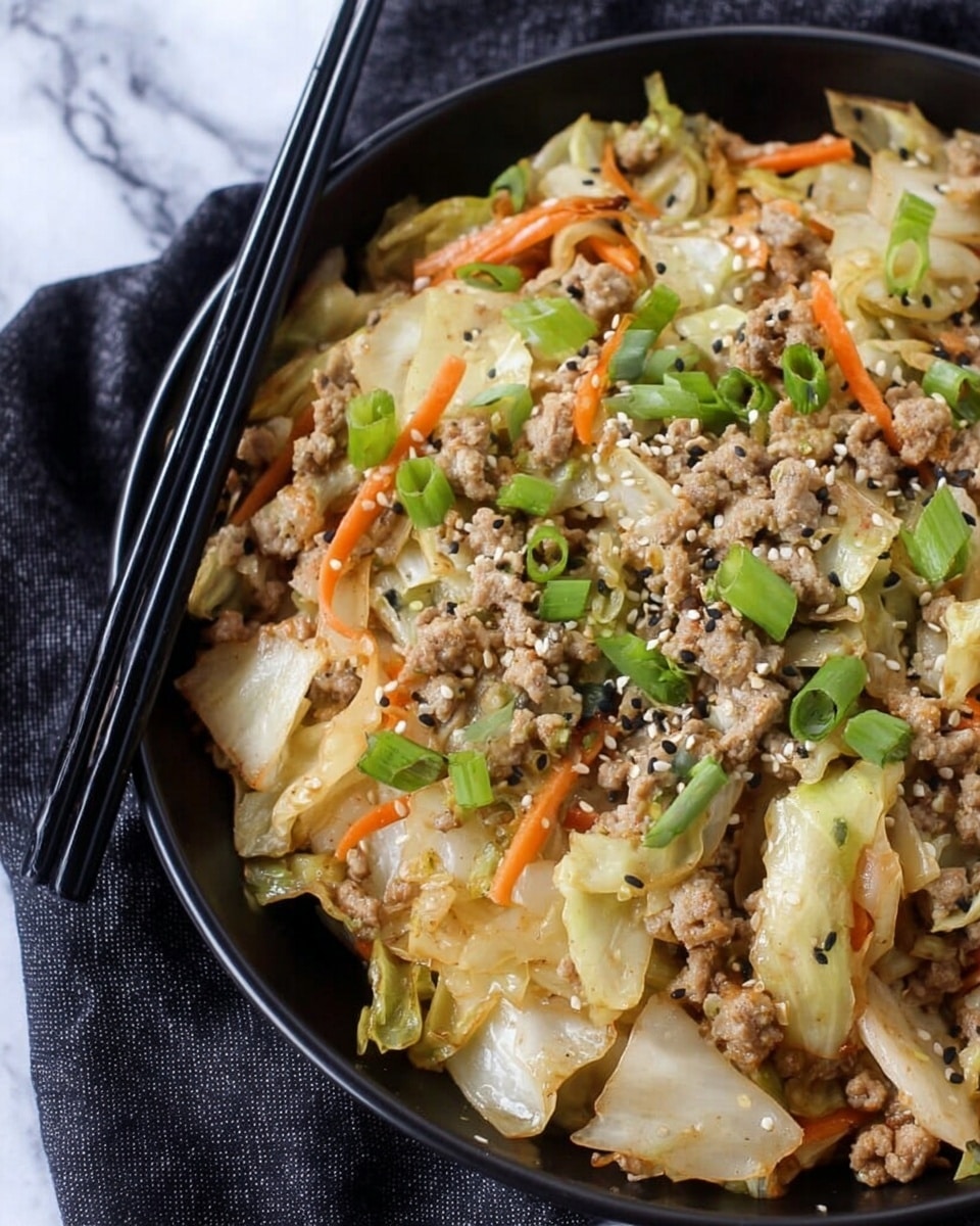 A close-up view of a black bowl filled with a stir-fry mix showing three main layers: the bottom layer is soft-looking cooked cabbage pieces in pale green and white, the middle layer consists of ground meat scattered evenly in light brown, and the top layer holds thin carrot strips and chopped green onions sprinkled across, finished with white sesame seeds and a light dusting of black pepper. Black chopsticks rest on the edge of the bowl, which sits on a dark cloth, all set against a white marbled surface. photo taken with an iphone --ar 4:5 --v 7