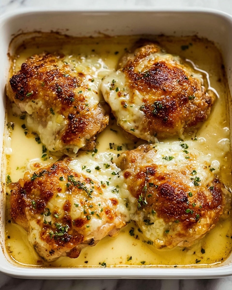 The image shows four pieces of baked chicken thighs in a white rectangular baking dish. Each chicken piece has a golden brown crispy skin layer with melted cheese on top, which is creamy white with lightly browned spots. The chicken is covered in a thick, light yellow creamy sauce at the bottom of the dish. Small green herb bits are scattered over the cheese layer, adding a touch of color. The dish is placed on a white marbled surface. Photo taken with an iphone --ar 4:5 --v 7