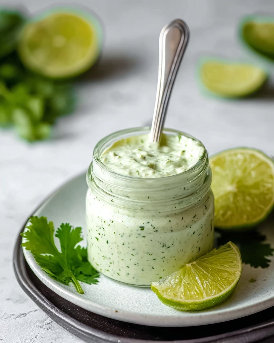 A small clear glass jar filled with thick, creamy light green sauce flecked with darker green herbs. The jar sits on a round white plate with two lime wedges and a fresh cilantro leaf resting beside it. A spoon is dipped inside the jar, standing upright in the sauce. The plate is on a dark tray, all placed on a white marbled surface, with blurred lime slices and herbs in the soft background. photo taken with an iphone --ar 4:5 --v 7