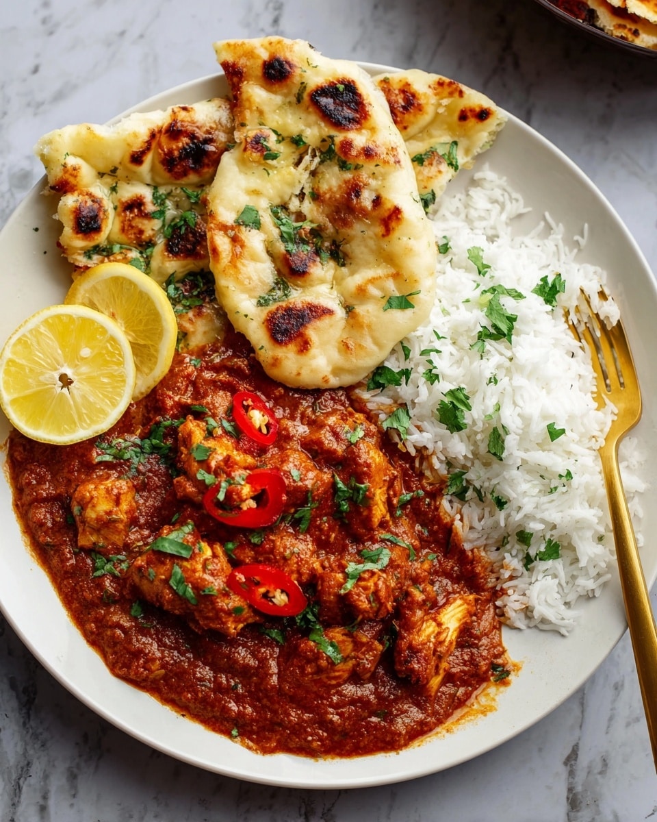 A white plate holds three main layers: on the right, a fluffy layer of white rice sprinkled with green cilantro leaves; in the center-left, a thick, rich reddish-brown curry with visible chunks of chicken and slices of red chili, garnished with chopped cilantro; on top at the back, two pieces of golden-brown naan bread with charred spots and green herb bits. Two thin lemon slices rest on the left side of the curry, adding a touch of bright yellow. A gold fork is placed to the right edge of the plate. The plate is set on a white marbled surface. photo taken with an iphone --ar 4:5 --v 7