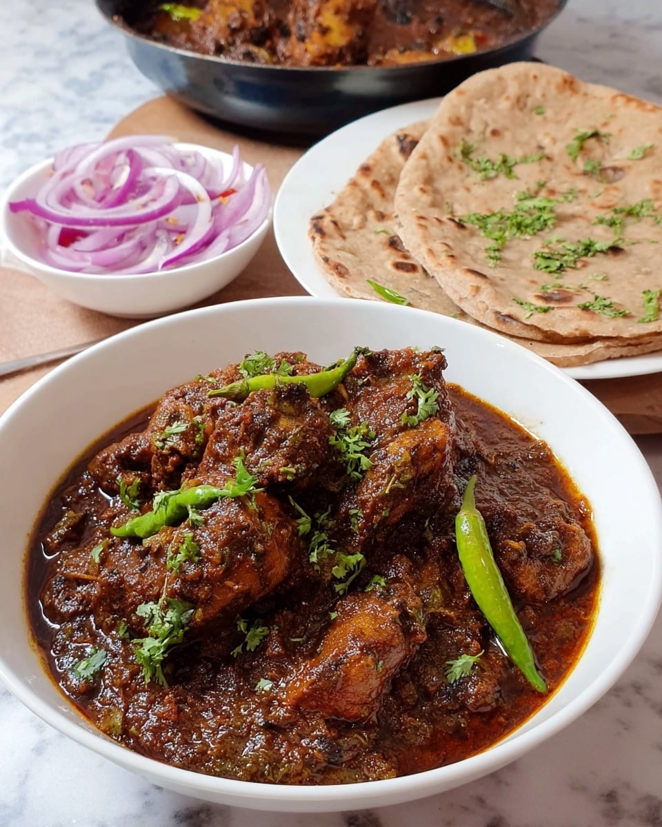 A white bowl filled with dark brown chicken curry, showing thick sauce with visible pieces of chicken and whole green chilies on top, garnished lightly with green coriander leaves; behind it, to the right, a white plate holds three folded tan-colored flatbreads with some charred spots and small green herbs scattered on them; to the left, a small white bowl contains thinly sliced red onions mixed with green herbs; the background shows a dark pan with more curry inside placed on a white marbled surface. photo taken with an iphone --ar 4:5 --v 7
