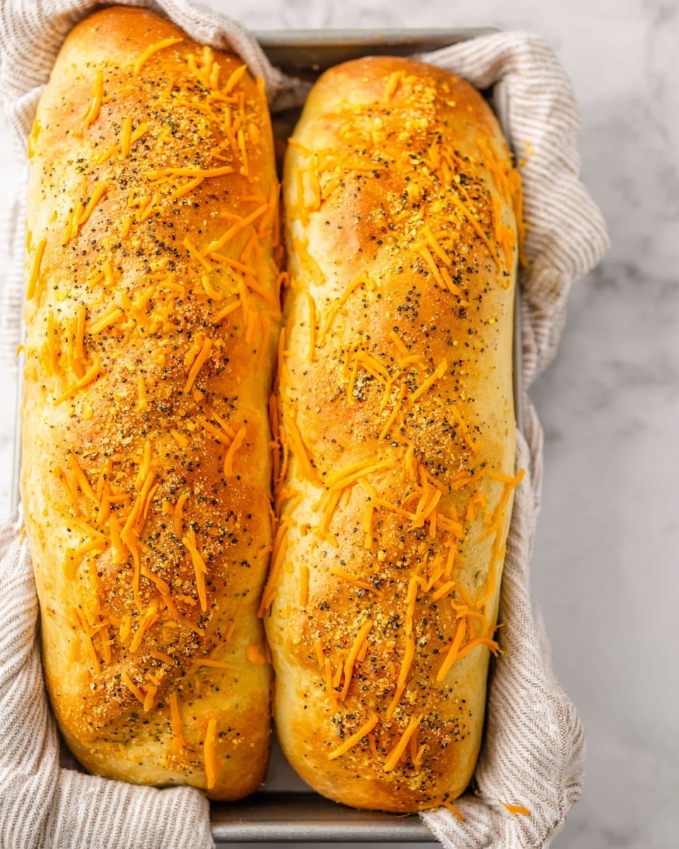 The image shows two long, golden brown bread loaves placed side by side in a metal tray lined with a light-colored striped cloth. The bread has a smooth, slightly risen texture with a crust that is sprinkled with a fine yellow topping and scattered black specks, likely seasoning. Both loaves are topped with thin, orange strands of melted cheese that drape irregularly across the surface, creating a contrast against the soft bread. The tray sits on a white marbled surface that adds a clean, fresh look to the scene. photo taken with an iphone --ar 4:5 --v 7