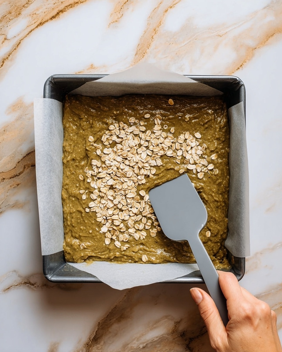 A square baking pan lined with parchment paper holds a thick layer of greenish-brown batter spread evenly across the bottom. On top of the batter, there is a single scattered layer of pale oat flakes, adding texture and contrast. A gray spatula with a flat edge is smoothing the batter, held by a woman's hand at the lower right corner of the image. The pan is placed on a white marbled surface with light brown and gold veins running through it. The light is soft, highlighting the gritty texture of the oats and the smooth batter beneath. Photo taken with an iphone --ar 4:5 --v 7