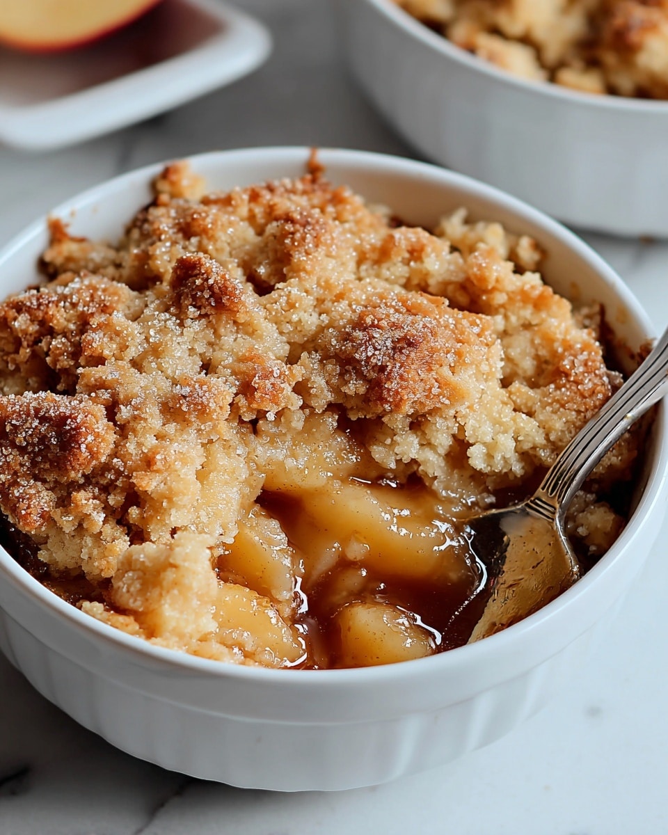 A close-up of a white bowl filled with a warm apple crumble dessert showing three main layers: a glossy, golden brown apple filling with soft, tender apple chunks at the bottom, a thick layer of golden, crumbly topping made of crumb pieces that are slightly browned and crispy around the edges on top, and a light sprinkling of granulated sugar giving a bit of sparkle on the surface. A silver spoon is placed inside the bowl, ready to scoop the dessert. The bowl rests on a white marbled surface with a shallow depth of field, softly blurring the background but showing another white bowl with the same dessert. photo taken with an iphone --ar 4:5 --v 7
