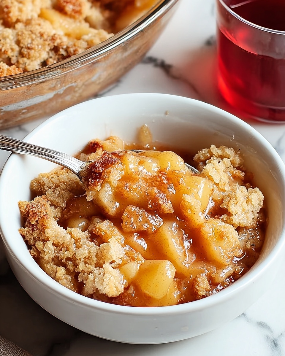 A white bowl filled with a warm dessert that has two clear layers: the bottom layer is soft cooked apples in a light golden syrup, visible through small gaps; on top is a crumbly, golden-brown biscuit crust with darker caramelized spots adding texture and depth. A metal spoon rests inside the bowl, partially scooping a mix of the syrupy apple and crumb topping. Behind the bowl, a glass dish with the same dessert sits slightly out of focus on a white marbled surface. To the side, a glass filled with a red liquid adds color contrast to the scene. Photo taken with an iphone --ar 4:5 --v 7