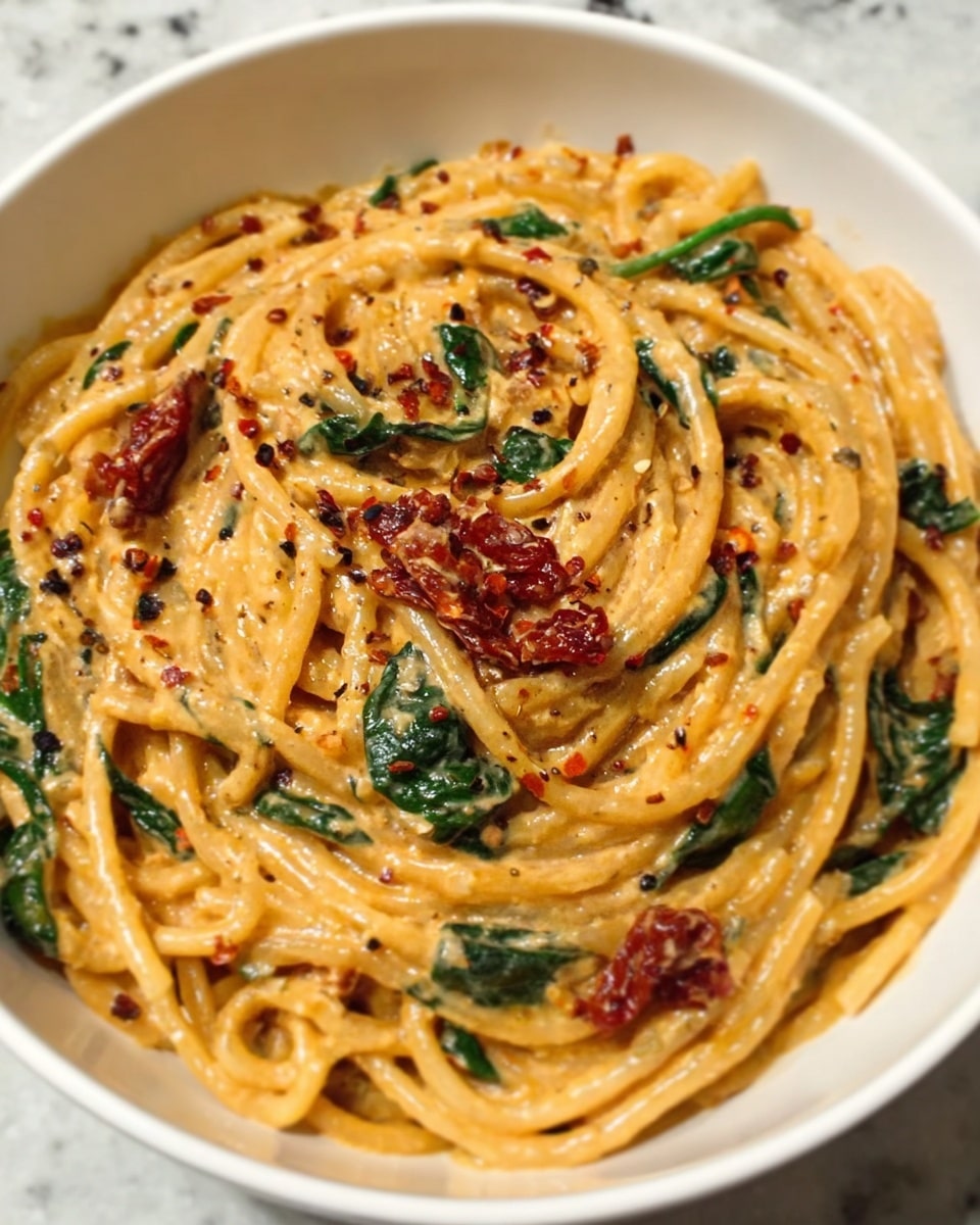 A bowl of spaghetti coated in a creamy orange sauce with flecks of red chili and black pepper. The noodles are thick and twisted, mixed with dark green spinach leaves and pieces of sun-dried tomatoes scattered throughout. The sauce looks smooth and rich, clinging to the pasta evenly. The white bowl contrasts with the warm colors of the dish, and the background shows a white marbled texture. photo taken with an iphone --ar 4:5 --v 7