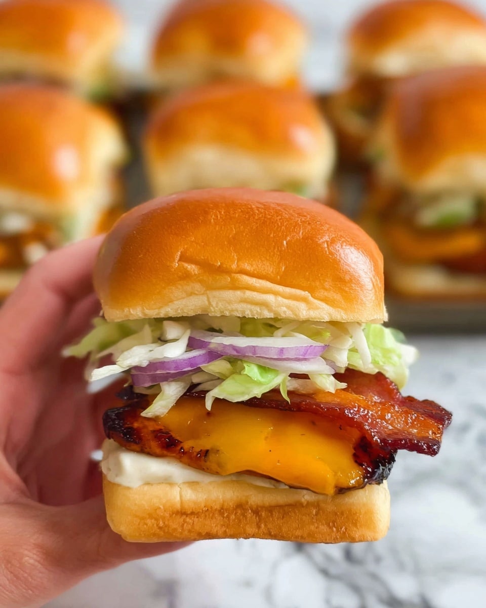 A close-up view of a small sandwich held by a woman's hand, featuring a soft, golden brown top bun with a slightly shiny surface; beneath it is a layer of shredded light green lettuce and thin slices of purple onion, followed by a crispy strip of reddish-brown bacon. Below the bacon, there is a slice of melted bright yellow cheddar cheese covering a glazed, dark reddish-brown grilled chicken patty, all resting on a soft, slightly toasted bottom bun. In the background, there are several identical sandwiches neatly arranged on a white marbled texture. photo taken with an iphone --ar 4:5 --v 7
