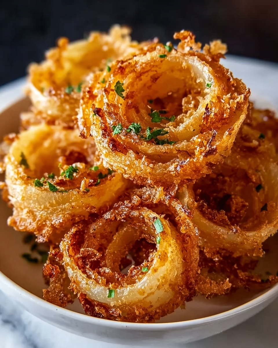 The image shows several crispy fried onion rings stacked together in a round white bowl. Each onion ring has a golden brown color with a crunchy texture, showing layers of thinly sliced onions. The rings are garnished with small pieces of green herbs scattered on top, adding a touch of freshness. The bowl sits on a white marbled surface, and the onion rings fill the bowl nearly to the top, highlighting their curled and crunchy edges. Photo taken with an iphone --ar 4:5 --v 7