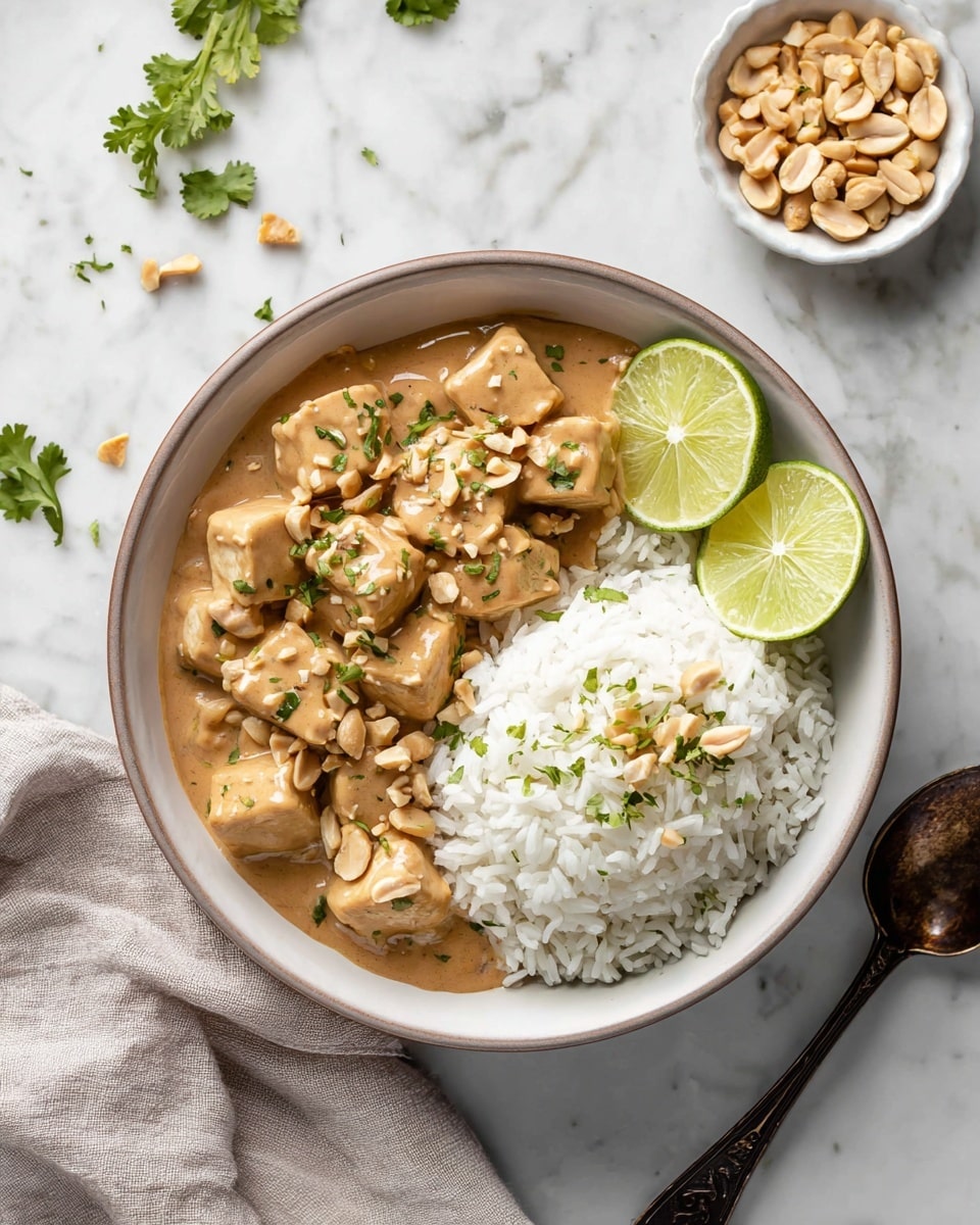 A white bowl filled with two main layers: on the left side, chunks of tofu covered in a smooth, light brown peanut sauce, sprinkled with small green herb leaves and light brown peanuts; on the right side, a mound of fluffy white rice with scattered chopped green herbs and a few peanuts on top. Two lime wedges are placed on the edge between the tofu and rice. The bowl sits on a white marbled surface, accompanied by a small white bowl of peanuts at the top right, a silver spoon with a dark handle on the right, and a light gray cloth on the bottom left. photo taken with an iphone --ar 4:5 --v 7