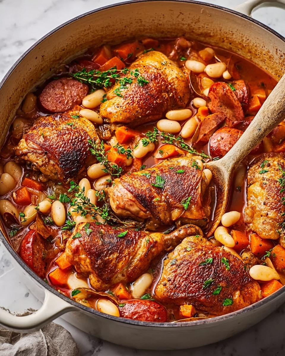 A large white pot filled with a cooked stew showing five browned chicken pieces with crispy skin on top, surrounded by thick slices of reddish-brown sausage, plump white beans, and chunky orange carrot pieces in a rich, reddish-brown sauce. Fresh green herbs are sprinkled over the dish, and a wooden spoon rests inside the stew at the edge. The pot sits on a white marbled texture surface. photo taken with an iphone --ar 4:5 --v 7