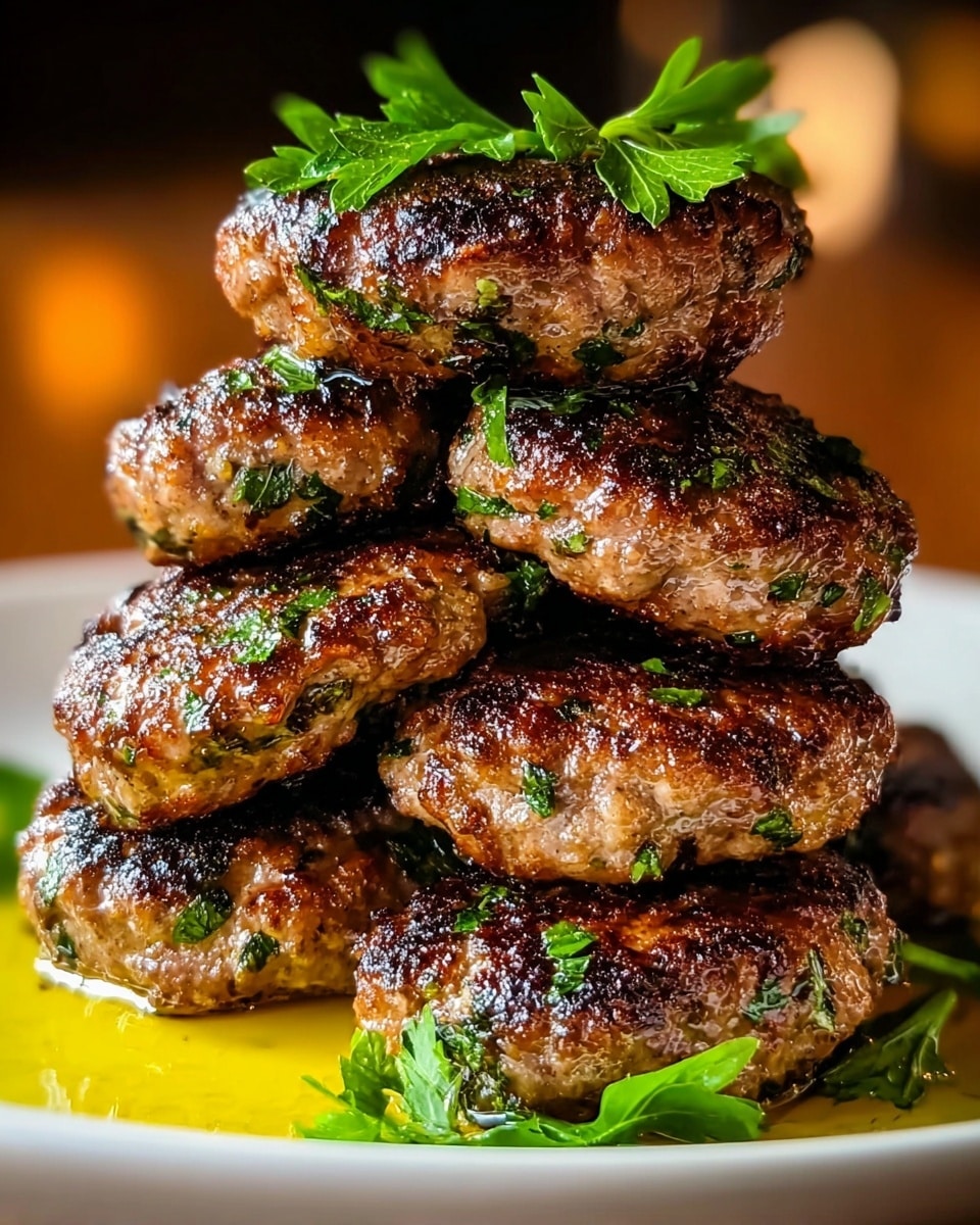 A stack of six grilled meat patties with a rough texture sits closely together on a white plate; each patty shows a rich brown crust with charred black spots and is dotted with bright green herb pieces, likely parsley, that add a fresh contrast. The patties are glistening with a light coating of oil or juice, pooling a golden liquid around them on the plate, enhancing their juicy look. On top and around the patties, fresh parsley leaves add a splash of vibrant green color. The background is softly blurred with a warm tone, focusing completely on the meat patties. photo taken with an iphone --ar 4:5 --v 7