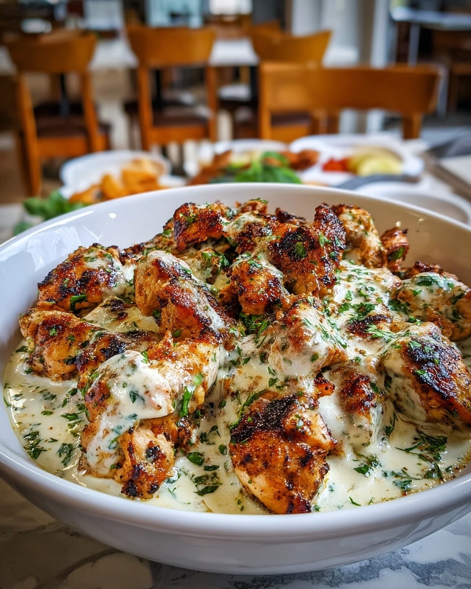 A white bowl filled with brown grilled chicken pieces covered in a creamy white sauce with green herbs sprinkled on top, showing a mix of crispy and saucy textures; the bowl sits on a white marbled surface with blurred food and wooden chairs in the background. photo taken with an iphone --ar 4:5 --v 7