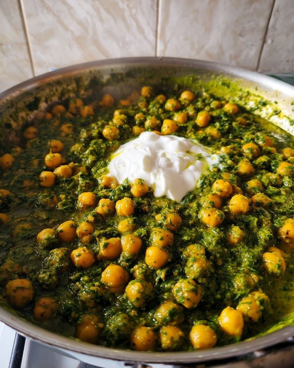 A close-up of a large metal pan filled with a thick green chickpea curry, with many yellow chickpeas evenly coated in a textured green spinach and spice sauce. In the center of the curry is a dollop of smooth white cream. The pan is on a white marbled kitchen surface, with a pale tiled wall behind it. Photo taken with an iphone --ar 4:5 --v 7