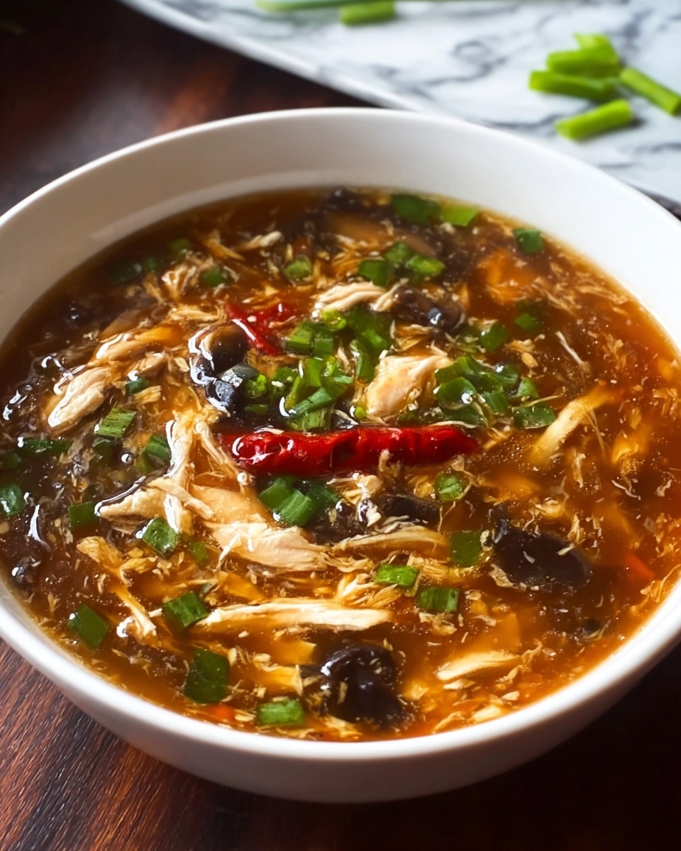 A white bowl filled with hot and thick soup features a rich brown broth with visible oils floating on top. Inside are shredded white chicken pieces, dark brown mushroom slices, small bright green chopped scallions, and thin strips of red chili peppers. The soup surface shows a mix of smooth and chunky textures with bits of egg ribbons scattered throughout. The bowl sits on a dark wooden table with a white marbled surface in the background, and a few green scallion pieces are scattered nearby. photo taken with an iphone --ar 4:5 --v 7