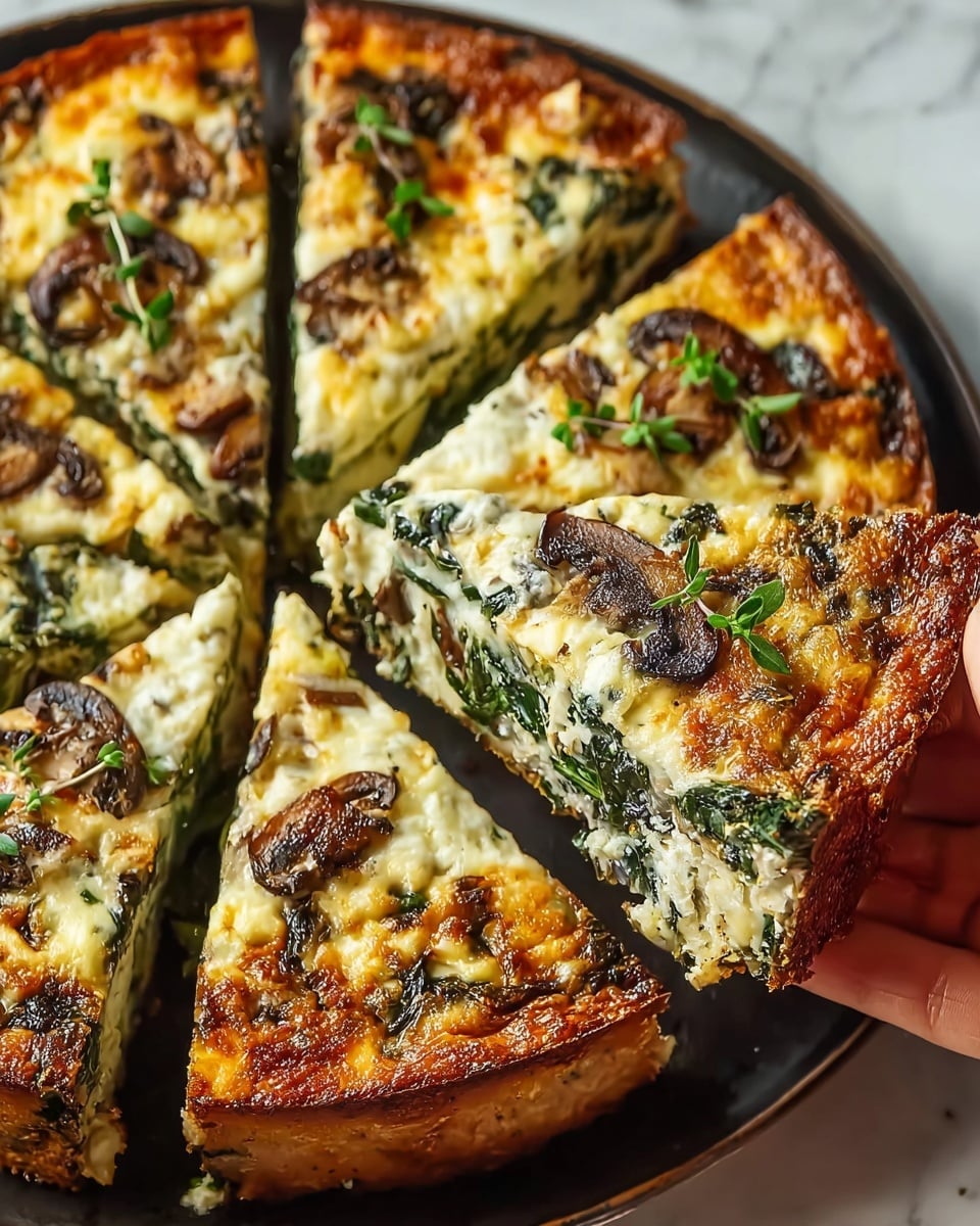 A round baked dish sliced into eight pieces is shown on a dark pan placed on a white marbled surface. The dish has a golden-brown top layer with small green herb sprigs and browned mushroom slices scattered evenly. The middle layer is creamy white with visible chopped dark green leafy vegetables mixed throughout. The crust at the bottom is thick and light brown, supporting the soft, fluffy filling above. One slice is lifted by a woman's hand, showing the layers clearly from the side: crispy browned crust, thick creamy white layer with green vegetable bits, and the golden top with mushrooms and browned spots. photo taken with an iphone --ar 4:5 --v 7