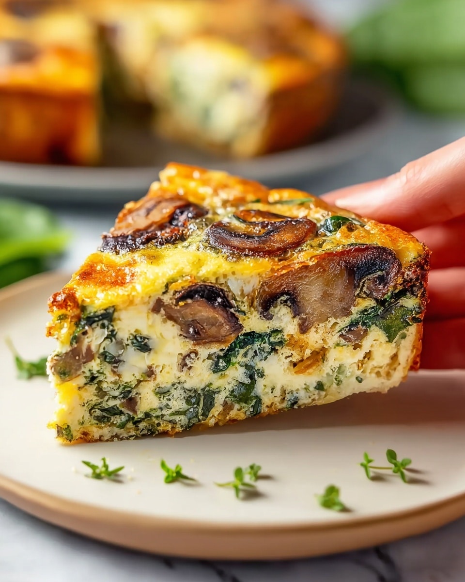 A close-up of a thick slice of baked frittata held by a woman's hand, showing three main layers: the top browned layer with golden melted cheese and browned mushroom slices, the middle light yellow egg layer with visible cooked spinach and mushroom pieces creating a speckled green and brown texture, and the bottom lightly browned crust. The slice is placed on a white plate with small green herb leaves scattered around. The background is a white marbled texture, softly blurred with another frittata visible out of focus. Photo taken with an iphone --ar 4:5 --v 7
