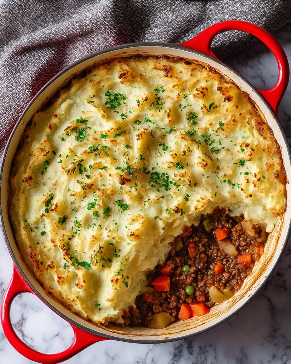 A round white pot with bright red handles holds a layered shepherd's pie. The top layer is uneven mashed potatoes with a golden brown crust and a sprinkling of chopped green herbs. The mashed potatoes cover almost the entire dish except one area, where a thick layer of cooked brown ground meat mixed with diced orange carrots, green celery, and small bits of onion is visible underneath. The pot sits on a white marbled textured surface with a soft gray cloth nearby. photo taken with an iphone --ar 4:5 --v 7