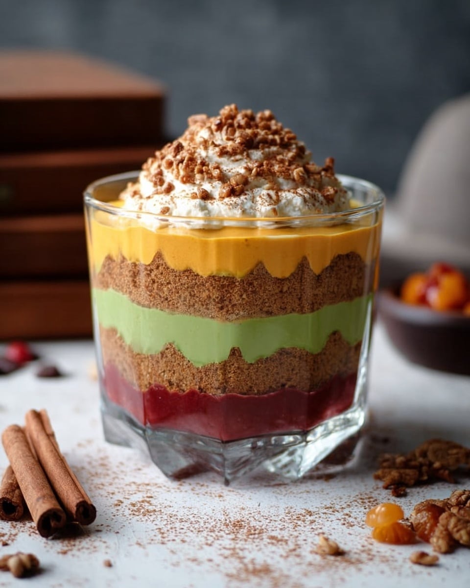 A clear glass dish with six colorful layers is shown. The bottom layer is red and smooth, topped with a crumbly brown layer. Above is a yellow creamy layer, followed by another crumbly brown layer. On top of that is a green creamy layer, then an orange smooth layer, and the dish is finished with a fluffy white cream layer, sprinkled with crushed brown nuts. The background has a white marbled texture with some cinnamon sticks and crumbs scattered nearby, and a blurred gray hat and box in the back. Photo taken with an iphone --ar 4:5 --v 7