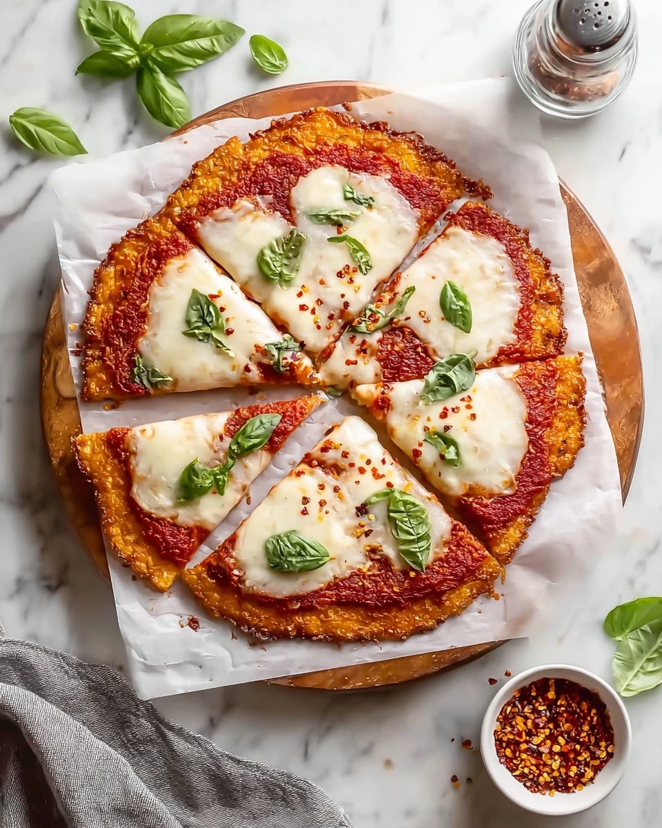 A small pizza cut into six slices sits on white parchment paper on a round wooden board. The pizza has three layers: a golden, crispy crust with browned edges, a bright red tomato sauce layer in the middle, and a melted white cheese layer on top, scattered with red chili flakes. Fresh green basil leaves are placed on each slice, adding a pop of color. Around the board are loose basil leaves, a small white bowl of red chili flakes, and a clear glass pepper shaker, all on a white marbled surface. A gray cloth is gently draped at the bottom left corner of the image. Photo taken with an iphone --ar 4:5 --v 7