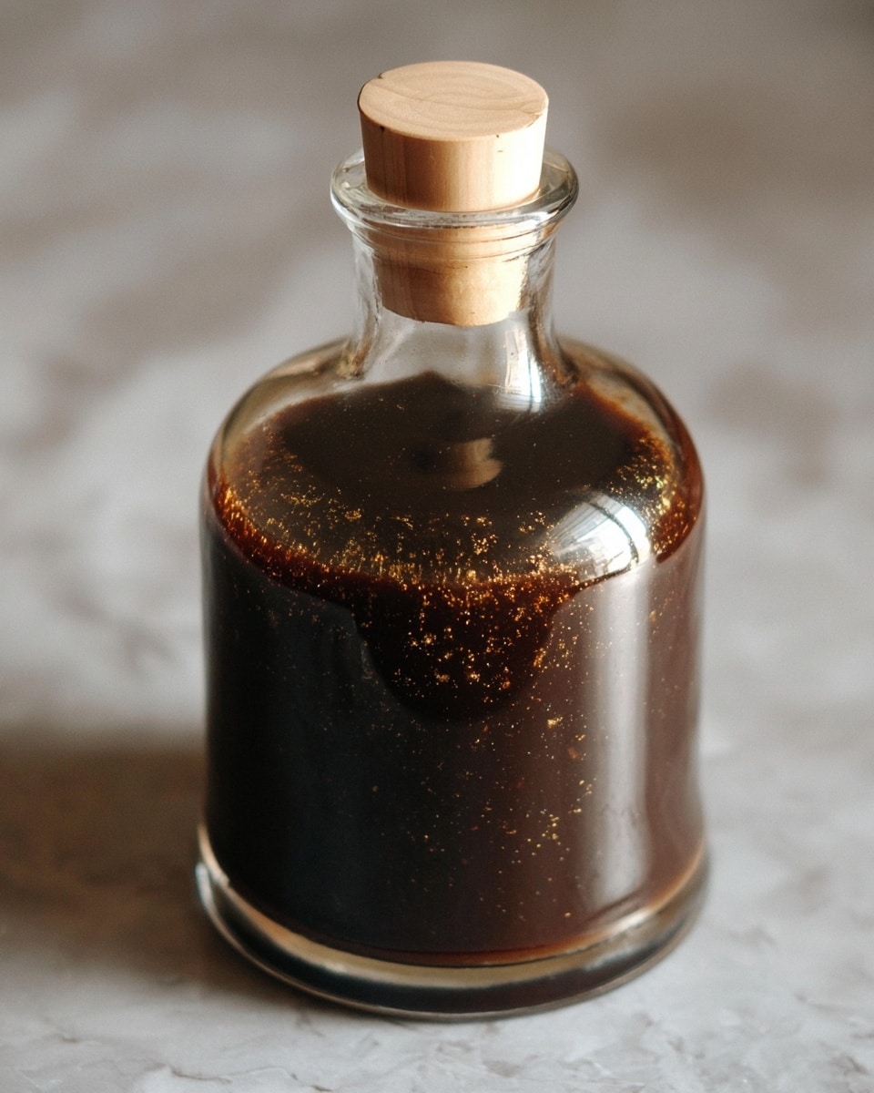 A clear glass bottle with a round base and a narrow neck is filled with a thick, dark brown liquid that has fine golden specks throughout. The bottle is sealed with a light beige cork stopper that fits snugly in the neck. The bottle sits on a white marbled surface with soft natural light reflecting off its smooth surface. photo taken with an iphone --ar 4:5 --v 7