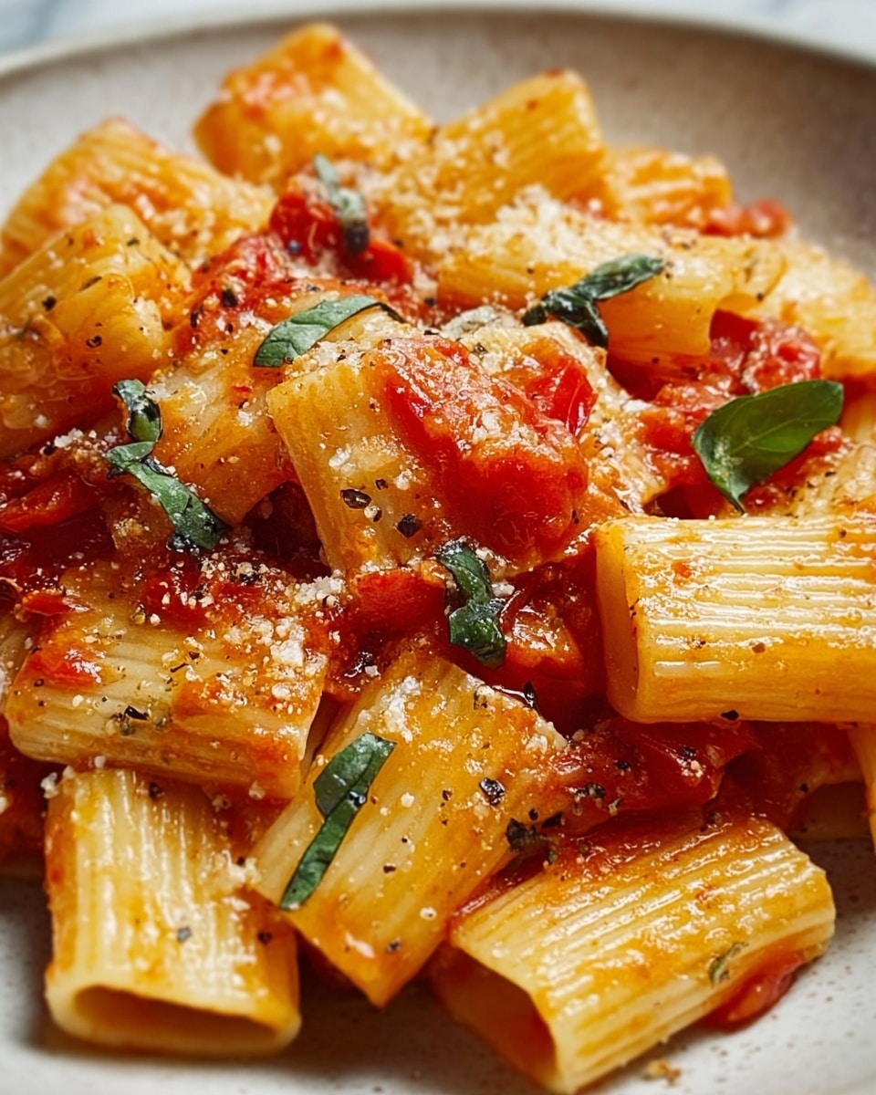 The dish shows large, flat pasta pieces layered with chunks of bright red cooked tomatoes scattered evenly throughout, creating a mix of soft yellow pasta and rich red tomato. Green fresh herbs are sprinkled on top, adding tiny splashes of dark green leaves. The pasta looks glossy and slightly creamy with small black pepper flakes dotted over it. The food is placed inside a white bowl with speckled texture, set against a white marbled surface. Photo taken with an iphone --ar 4:5 --v 7