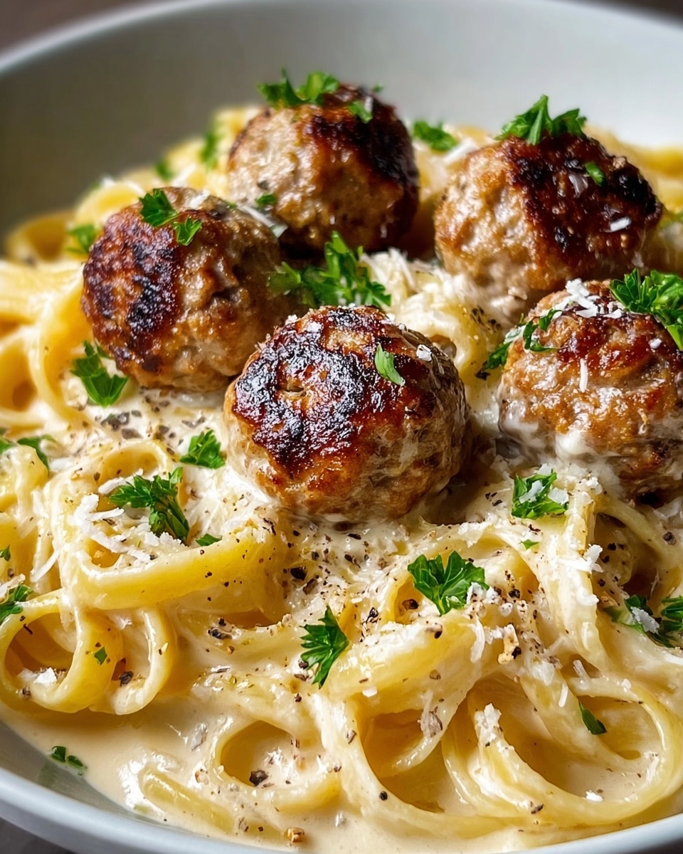 A close-up view of a white bowl filled with creamy yellow pasta noodles, coated in a smooth, thick white sauce. On top, there are seven round, browned meatballs with a slightly crispy texture. The dish is garnished with small green parsley leaves and a light sprinkling of grated cheese and black pepper, all set against a white marbled background. photo taken with an iphone --ar 4:5 --v 7