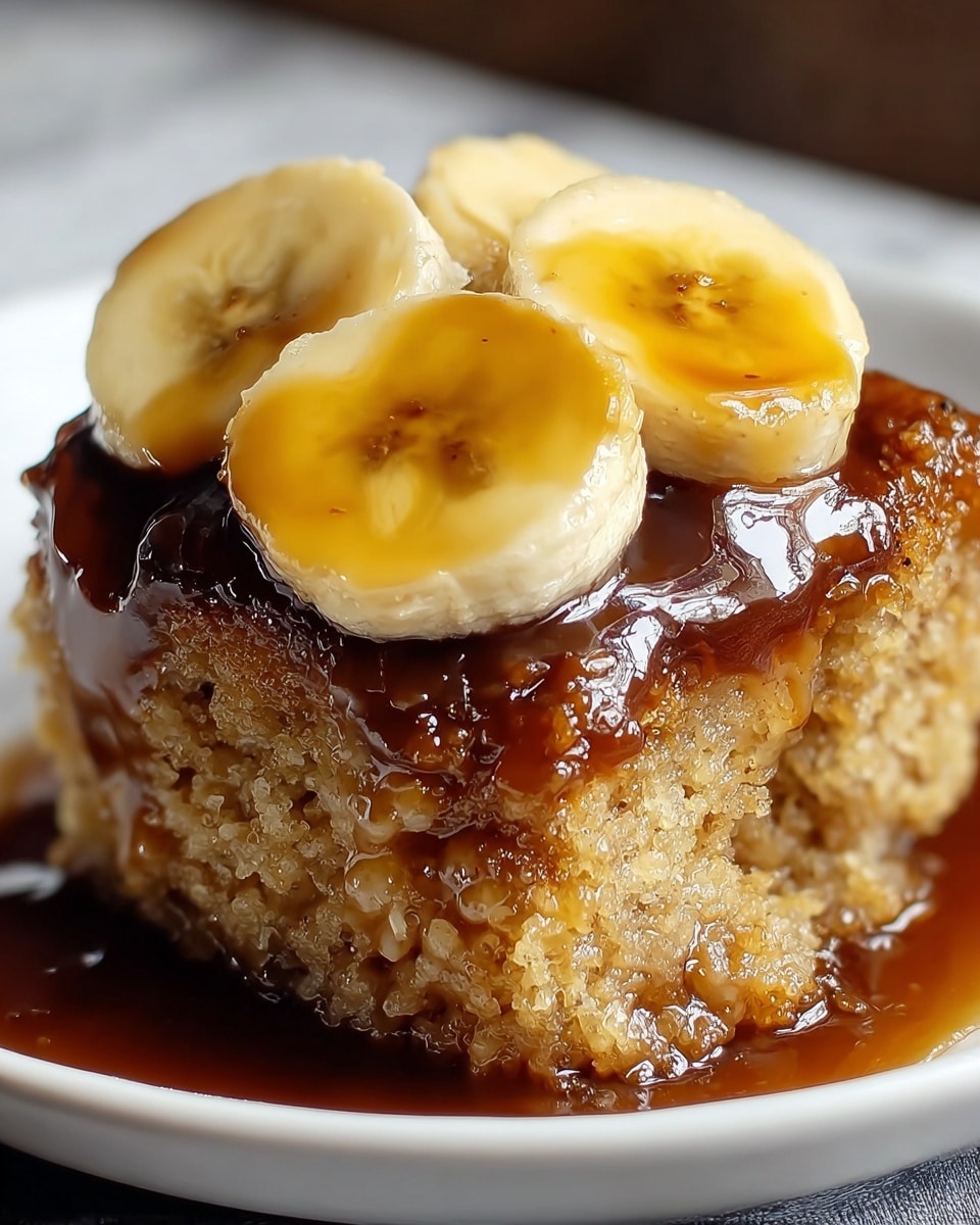 A close-up image of a single piece of moist, light brown cake with a soft, crumbly texture sits on a white plate. On top of the cake, there is a dark brown, shiny sticky syrup that drips down the sides and pools around the base. Three thick, round slices of yellow banana with smooth, glossy surfaces rest on top of the syrup, adding a fresh contrast to the darker layers. The background shows a white marbled texture. photo taken with an iphone --ar 4:5 --v 7