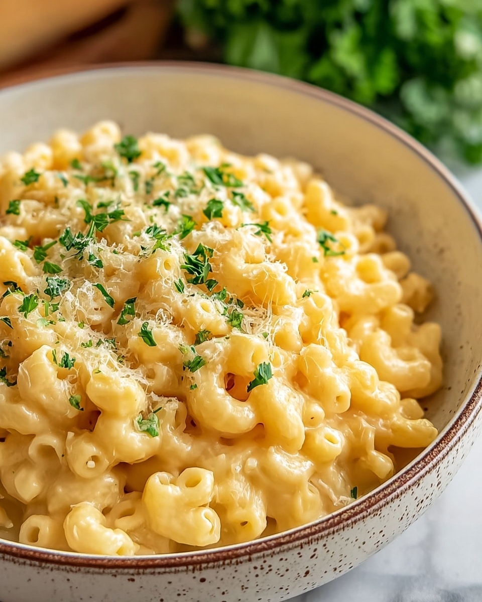 A close-up view of creamy macaroni and cheese served in a white bowl with brown speckles around the edge, the dish showing at least two layers of soft, small tube-shaped pasta covered in thick yellow cheese sauce. The top layer is sprinkled with finely chopped green parsley and light grated cheese, adding texture and color contrast. The bowl sits on a white marbled surface with some greenery blurred in the background. photo taken with an iphone --ar 4:5 --v 7