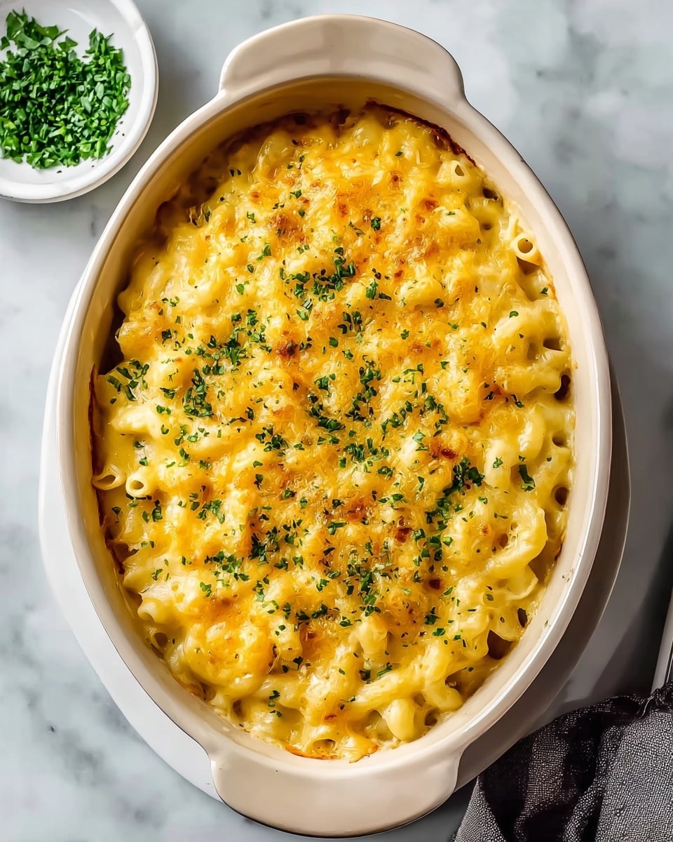 A close-up top view of a creamy baked macaroni and cheese dish in a white oval ceramic baking dish with two handles. The top layer shows golden-yellow melted cheese with a slight crust and a sprinkling of finely chopped green herbs scattered evenly over it. The elbow macaroni beneath is soft and coated well with cheese sauce, visible through the gaps. The dish rests on a white marbled surface with a small white bowl beside it containing more chopped green herbs. Photo taken with an iphone --ar 4:5 --v 7