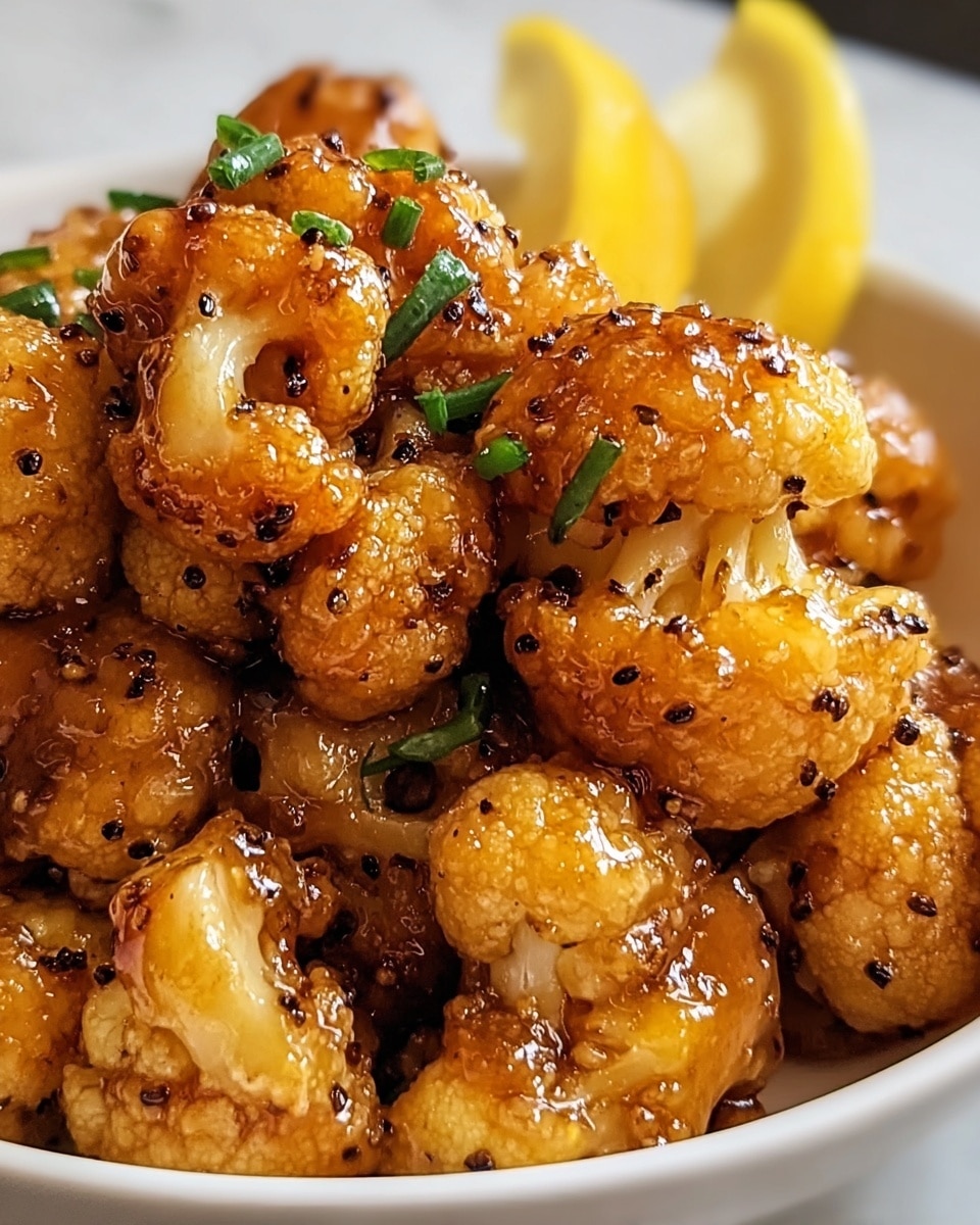 A close-up view of fried cauliflower pieces coated with a shiny, sticky sauce that has visible black pepper specks. The cauliflower florets are golden brown with a slightly crispy texture and appear piled in a shallow white bowl. Small green chive pieces are sprinkled on top, and small yellow lemon wedges peek from the edges. The bowl rests on a white marbled surface. photo taken with an iphone --ar 4:5 --v 7