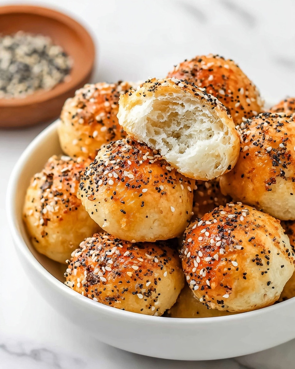 A pile of round, golden-brown dough balls covered with a mix of white sesame seeds, black poppy seeds, and bits of dried onion rests in a white bowl. One ball at the top is bitten, revealing a soft, fluffy white interior with a slightly moist texture. The balls have a crispy, slightly shiny surface with some seeds scattered on and around them. The background shows a white marbled texture with part of a wooden bowl filled with sesame seeds visible at the bottom corner. Photo taken with an iphone --ar 4:5 --v 7