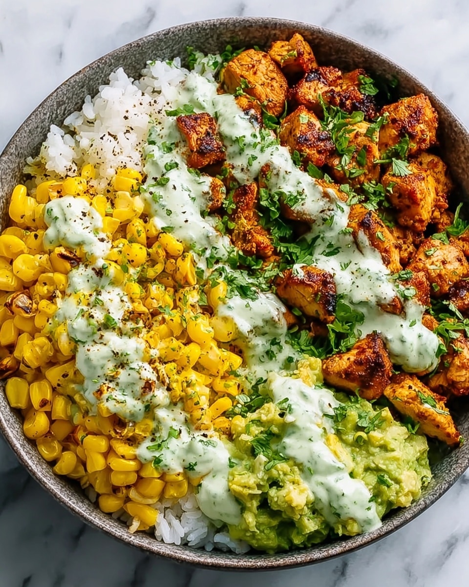 The dish is a bowl with four main layers arranged side by side on a white marbled surface. Starting from the left, there is a layer of bright yellow grilled corn with some pepper sprinkled on top. Next to it is a middle layer of browned, cooked chicken pieces topped with green herbs. To the right of the chicken is a white rice layer, fluffy and soft in texture. The far right side has a pale green portion of mashed avocado. All the layers are drizzled with a creamy, light green sauce that has small green herb bits, creating a fresh look all over the bowl. photo taken with an iphone --ar 4:5 --v 7