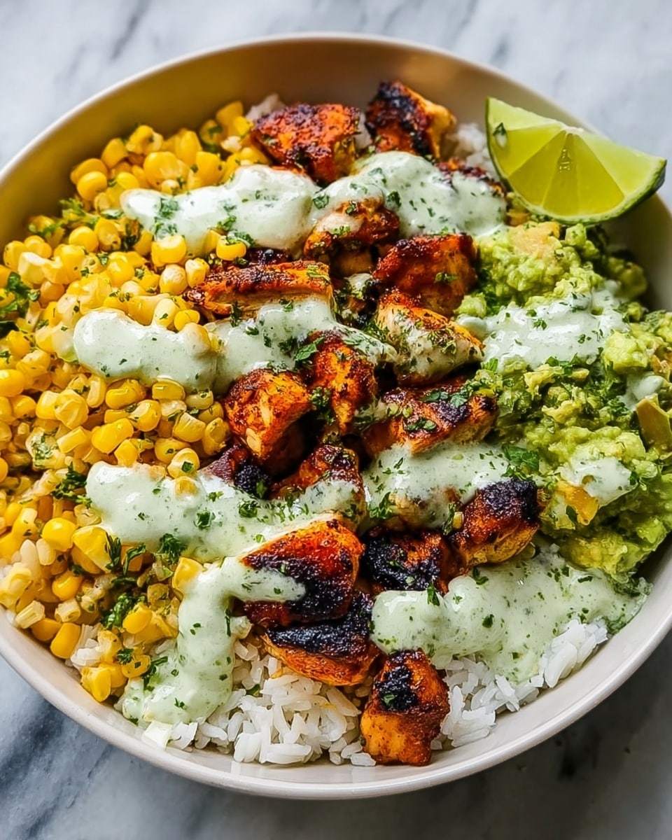 A white bowl filled with a layer of white rice at the bottom, topped with three main sections: one side has bright yellow corn kernels, the middle has dark orange grilled chicken pieces with slight charring, and the other side has green guacamole with chunks of avocado. A creamy light green sauce is drizzled over the chicken and guacamole, with some chopped herbs sprinkled on top. A lime wedge rests on the edge of the bowl. The bowl is placed on a white marbled surface. photo taken with an iphone --ar 4:5 --v 7